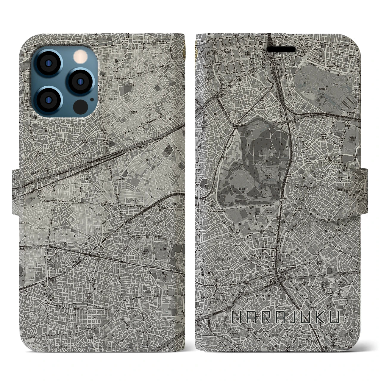 【原宿(東京都)】地図柄iPhoneケース(手帳タイプ)モノトーン・iPhone 12 / 12 Pro 用