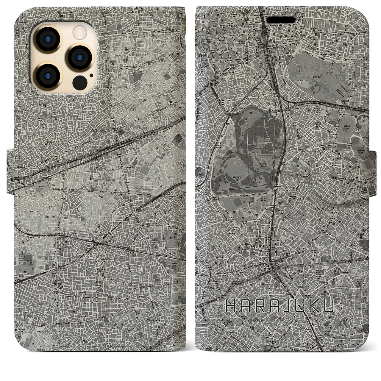 【原宿(東京都)】地図柄iPhoneケース(手帳タイプ)モノトーン・iPhone 12 Pro Max 用