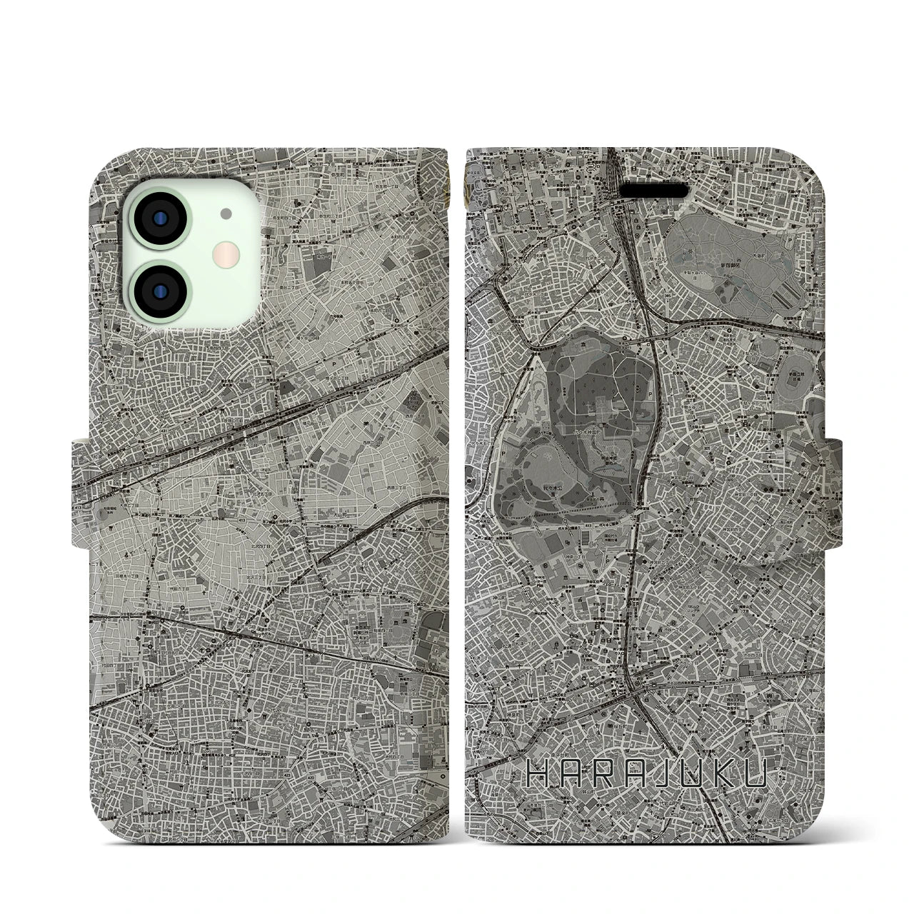 【原宿(東京都)】地図柄iPhoneケース(手帳タイプ)モノトーン・iPhone 12 mini 用