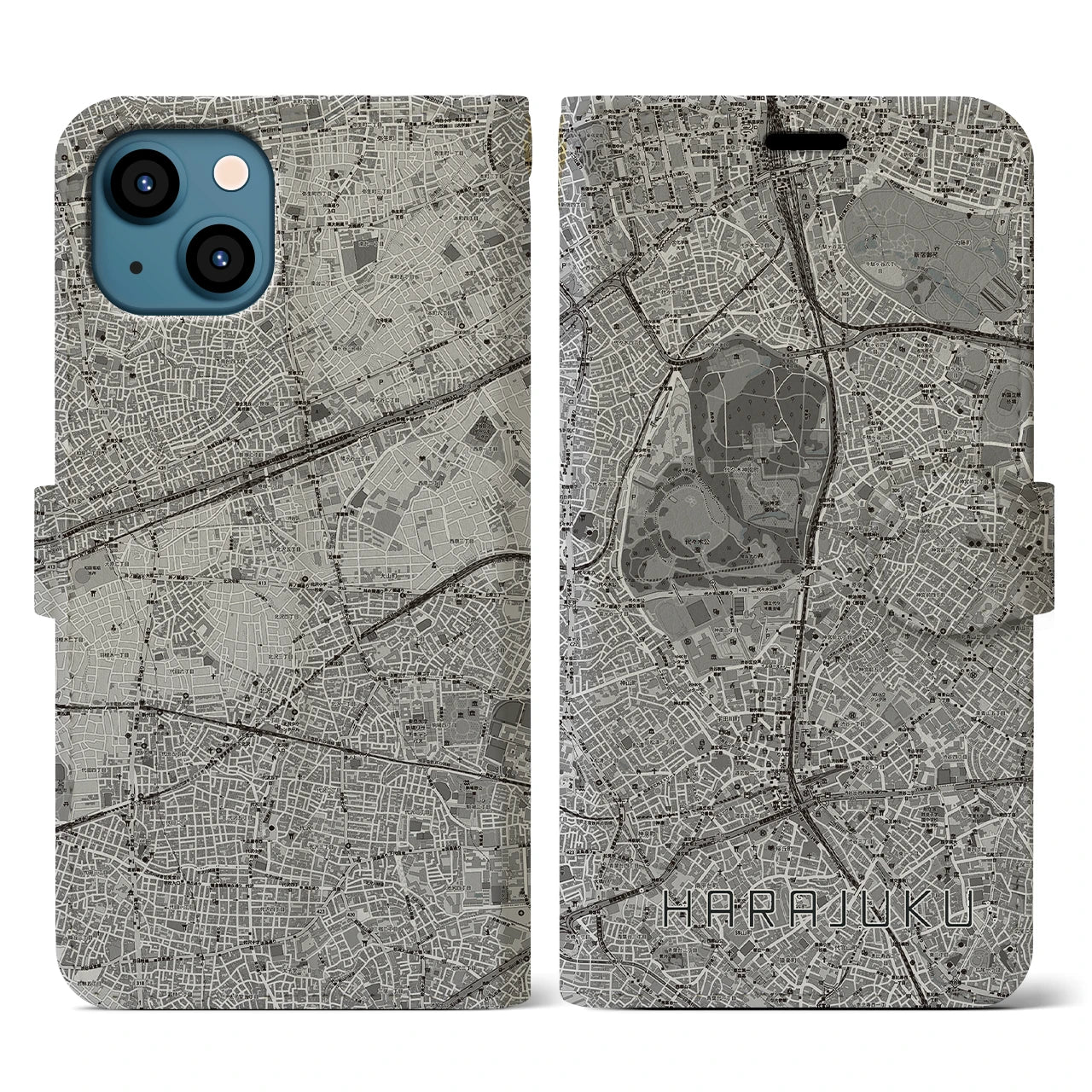 【原宿(東京都)】地図柄iPhoneケース(手帳タイプ)モノトーン・iPhone 13 用