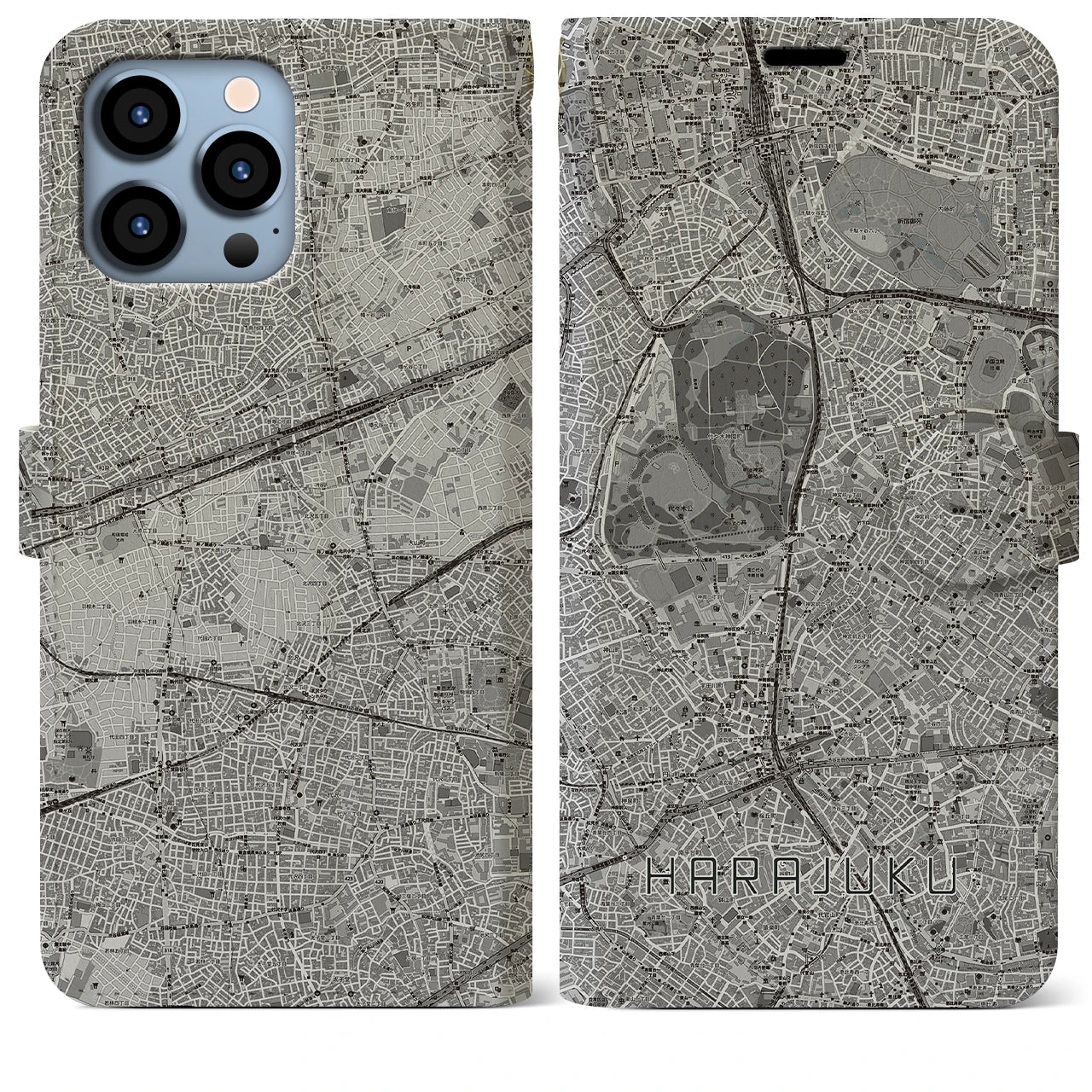 【原宿(東京都)】地図柄iPhoneケース(手帳タイプ)モノトーン・iPhone 13 Pro Max 用