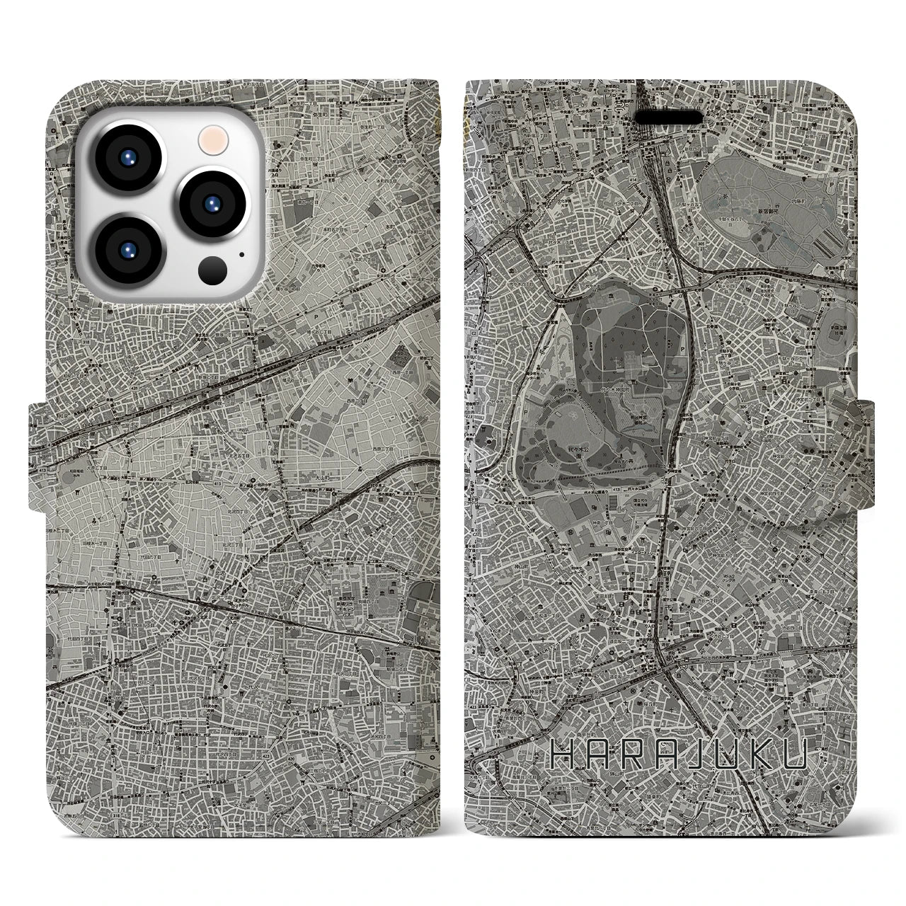 【原宿(東京都)】地図柄iPhoneケース(手帳タイプ)モノトーン・iPhone 13 Pro 用
