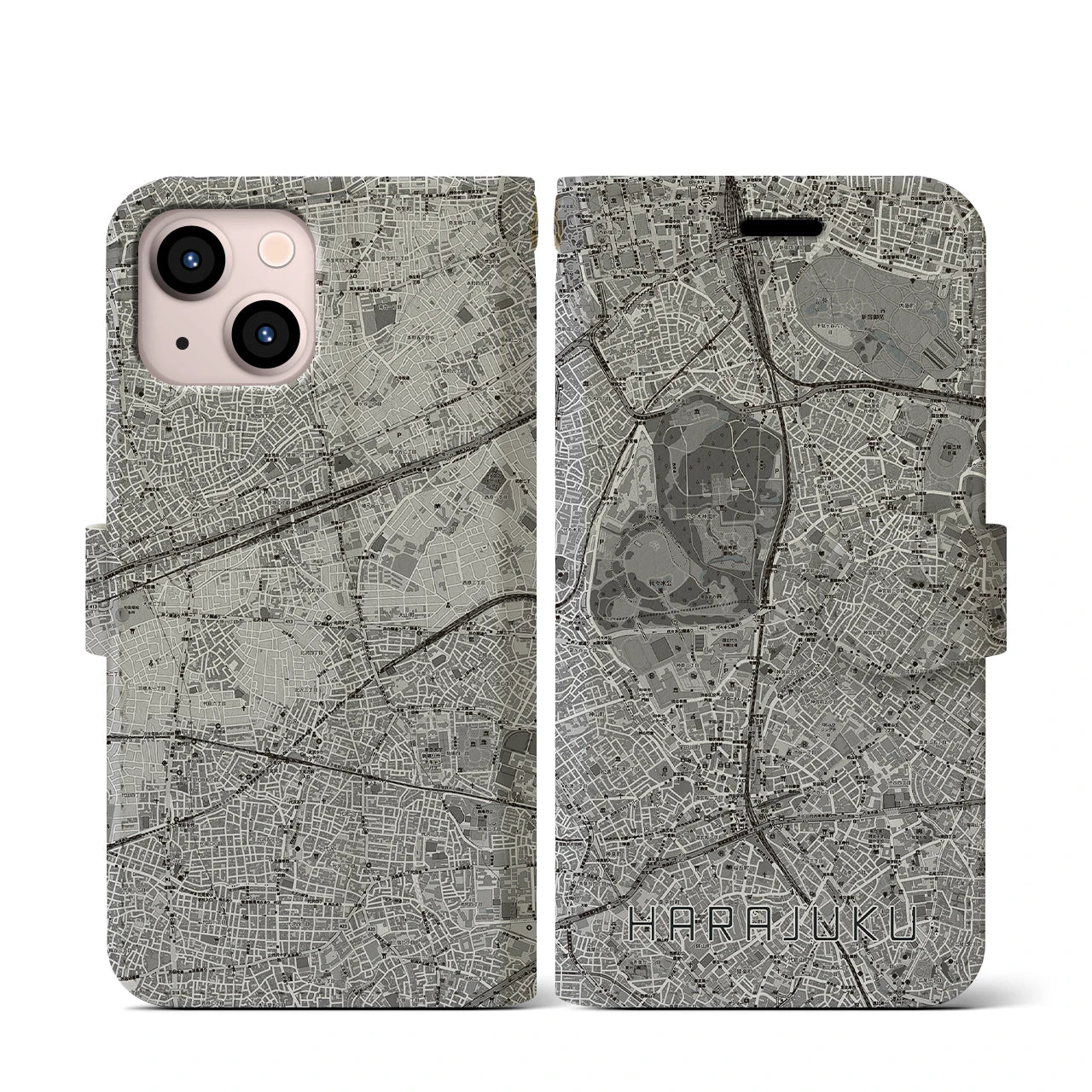 【原宿(東京都)】地図柄iPhoneケース(手帳タイプ)モノトーン・iPhone 13 mini 用