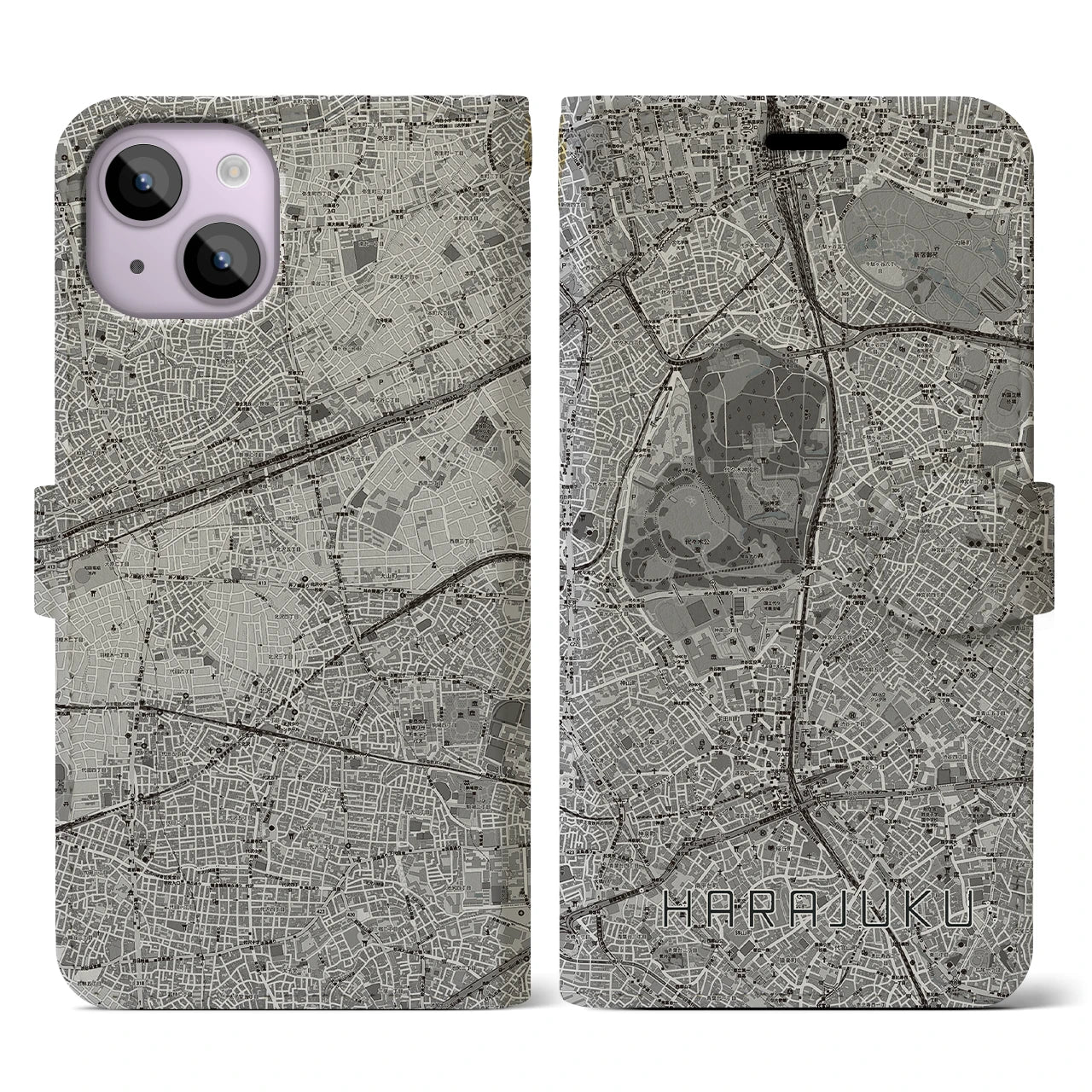 【原宿(東京都)】地図柄iPhoneケース(手帳タイプ)モノトーン・iPhone 14 用