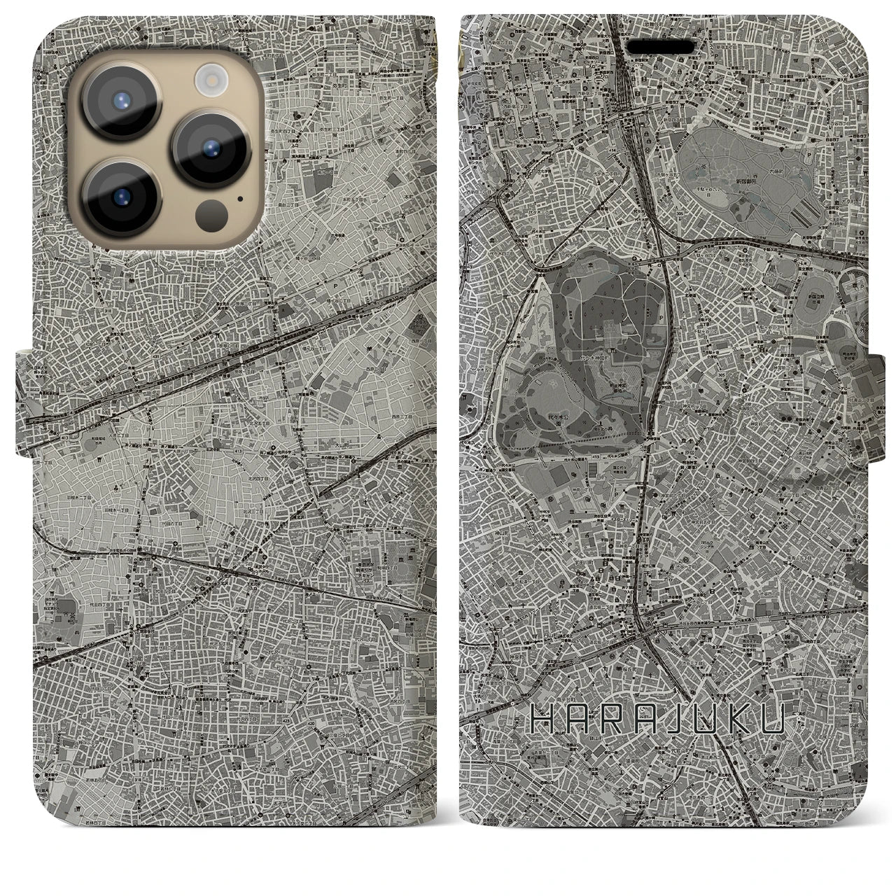 【原宿(東京都)】地図柄iPhoneケース(手帳タイプ)モノトーン・iPhone 14 Pro Max 用