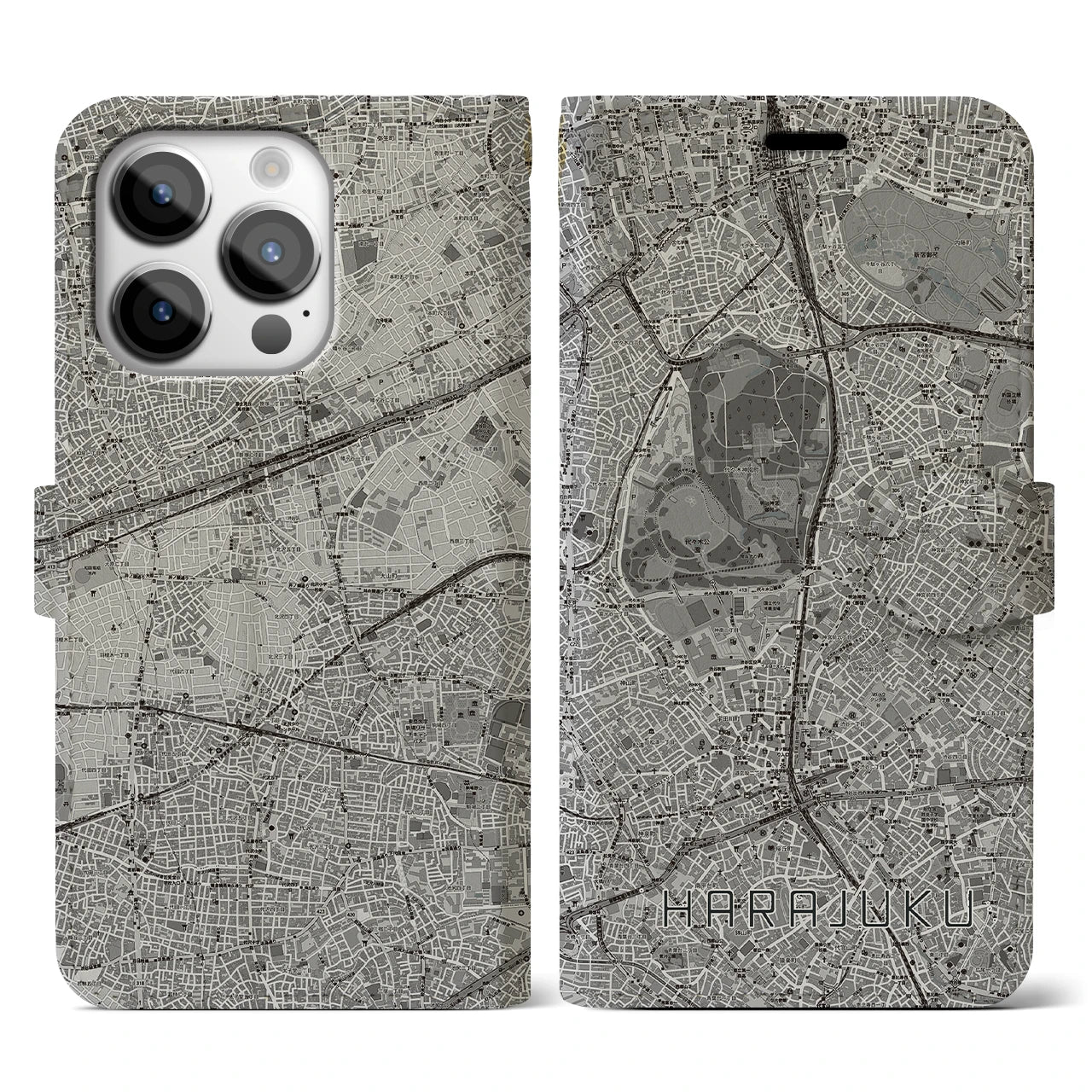 【原宿(東京都)】地図柄iPhoneケース(手帳タイプ)モノトーン・iPhone 14 Pro 用