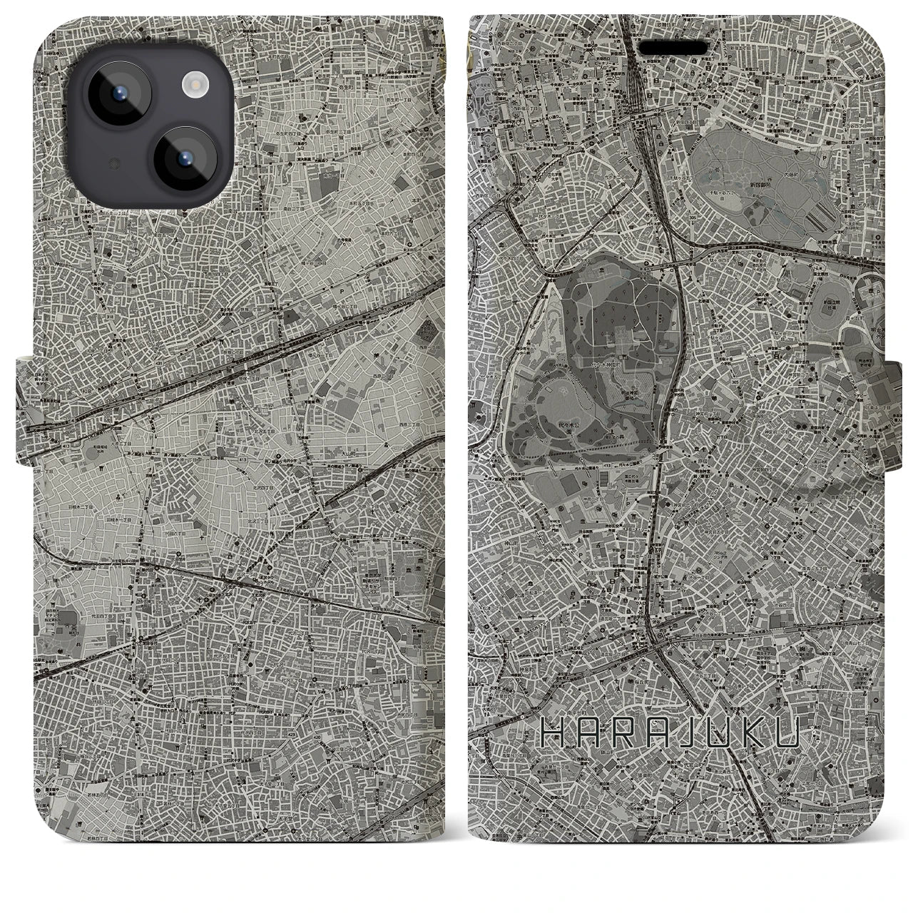 【原宿(東京都)】地図柄iPhoneケース(手帳タイプ)モノトーン・iPhone 14 Plus 用