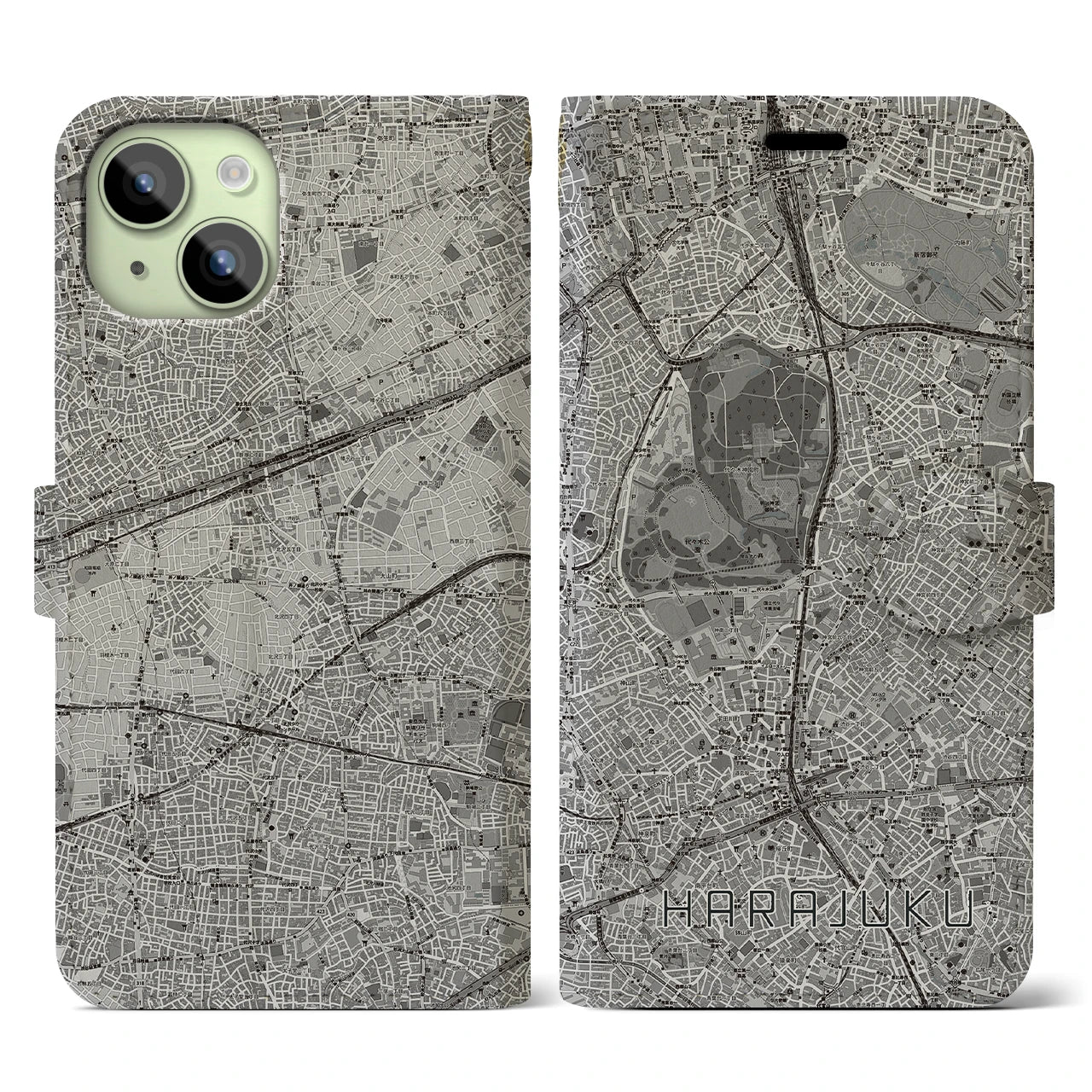 【原宿(東京都)】地図柄iPhoneケース(手帳タイプ)モノトーン・iPhone 15 用