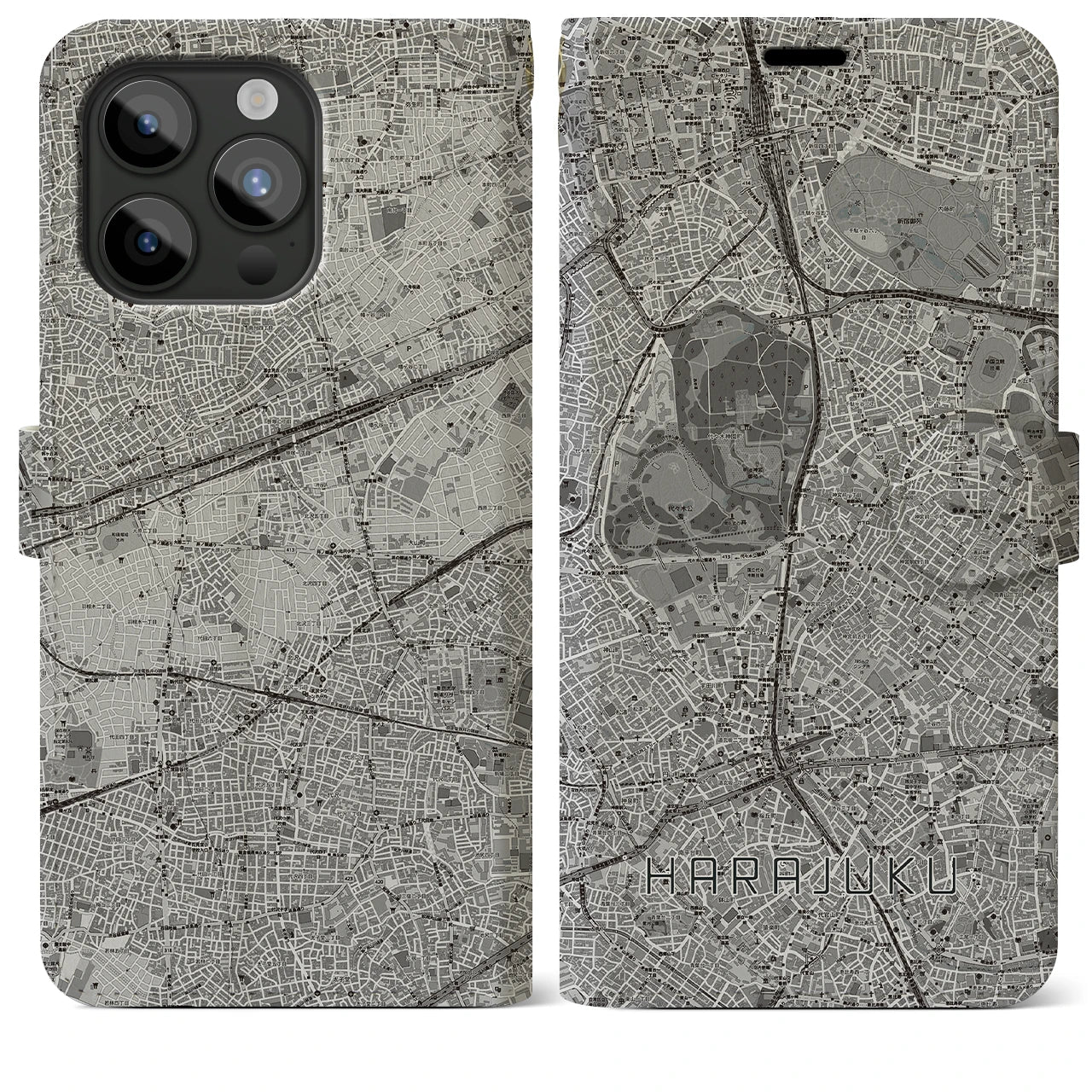【原宿(東京都)】地図柄iPhoneケース(手帳タイプ)モノトーン・iPhone 15 Pro Max 用