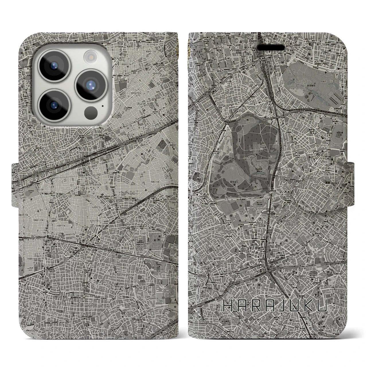 【原宿(東京都)】地図柄iPhoneケース(手帳タイプ)モノトーン・iPhone 15 Pro 用