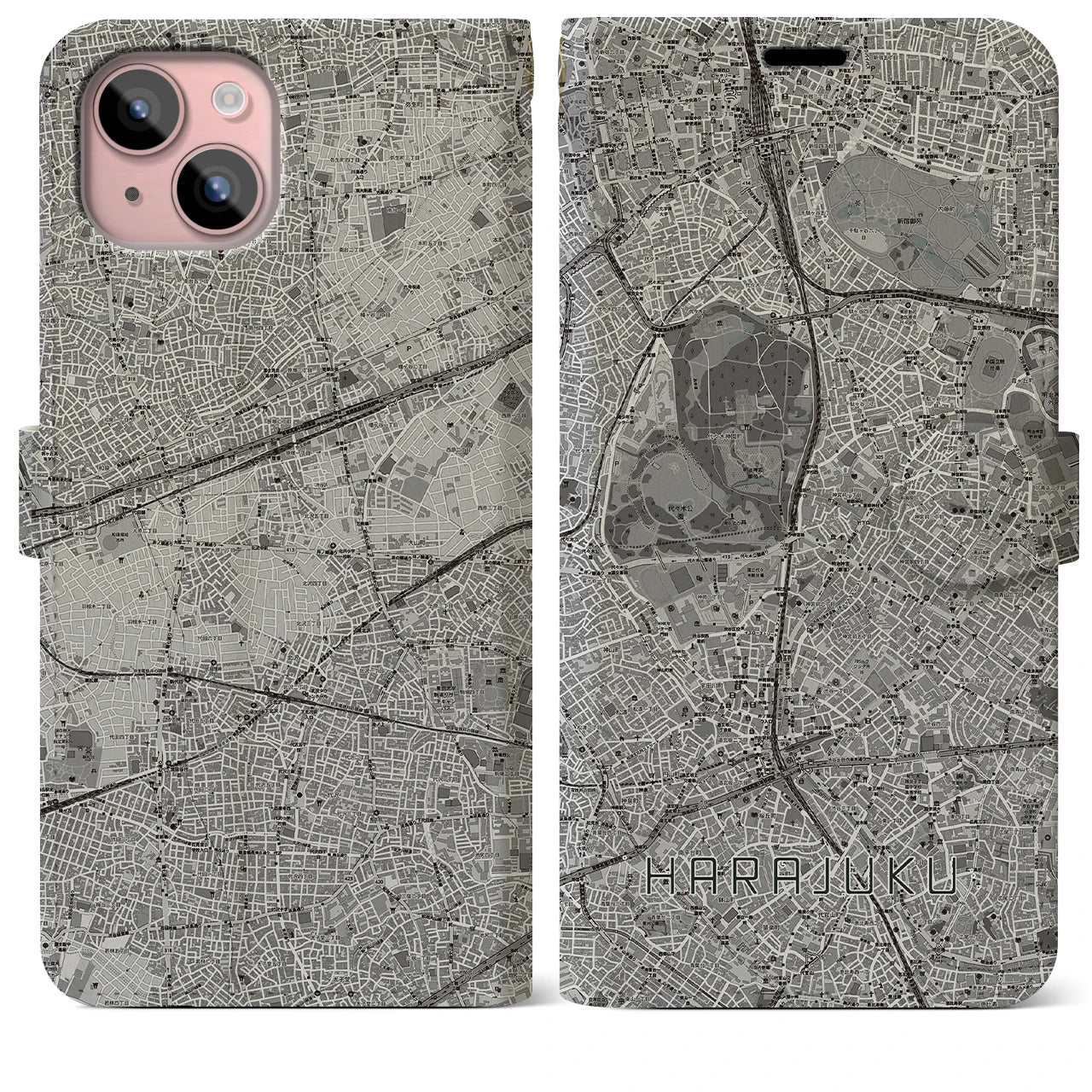 【原宿(東京都)】地図柄iPhoneケース(手帳タイプ)モノトーン・iPhone 15 Plus 用
