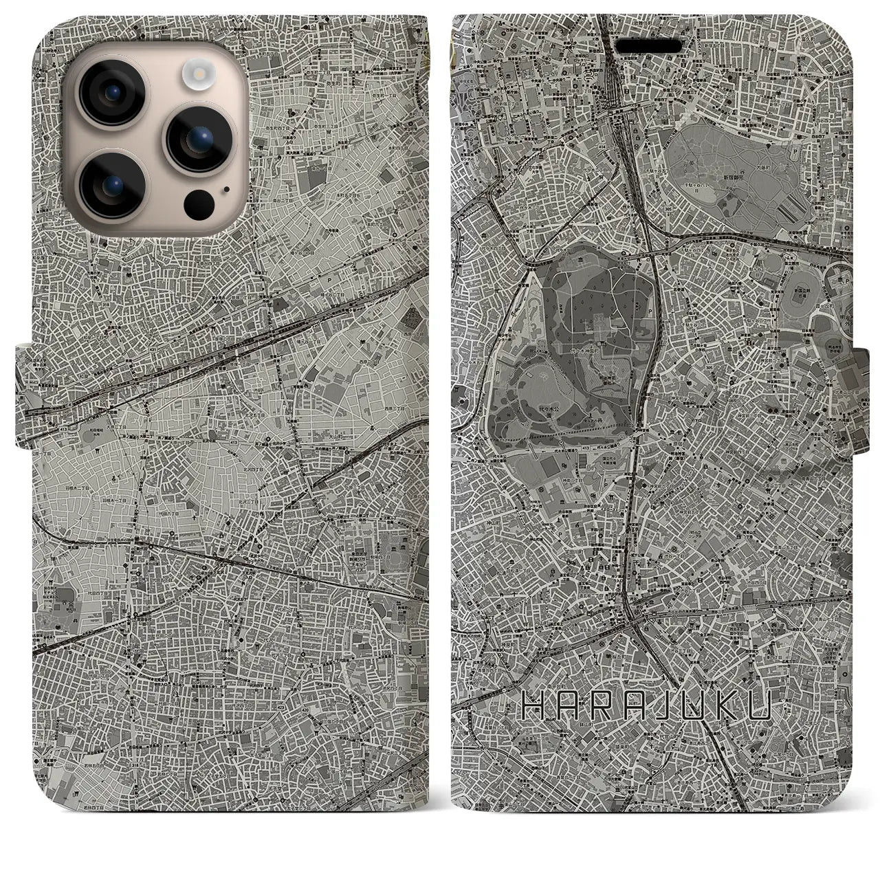 【原宿(東京都)】地図柄iPhoneケース(手帳タイプ)モノトーン・iPhone 16 Plus 用