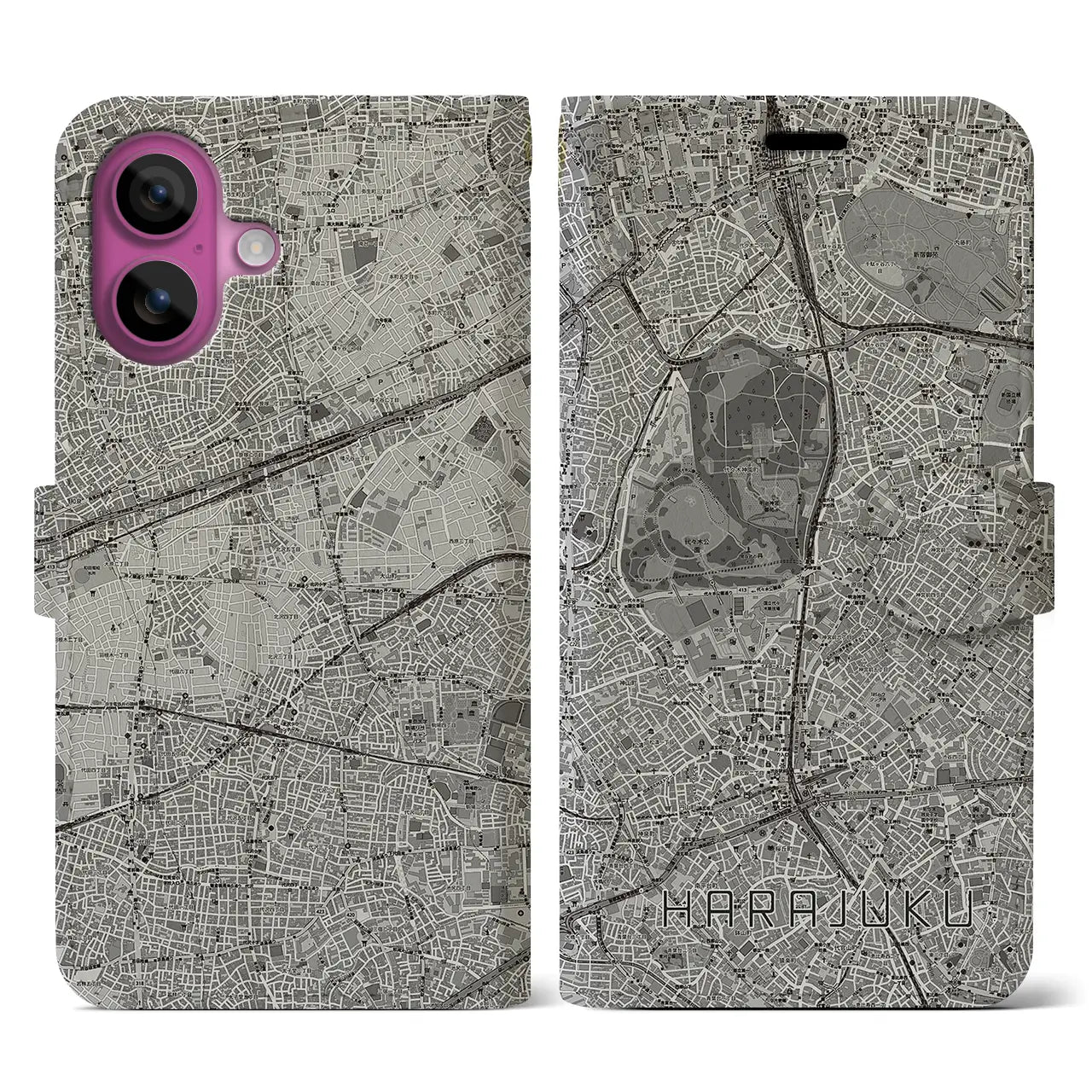 【原宿(東京都)】地図柄iPhoneケース(手帳タイプ)モノトーン・iPhone 16 Pro 用