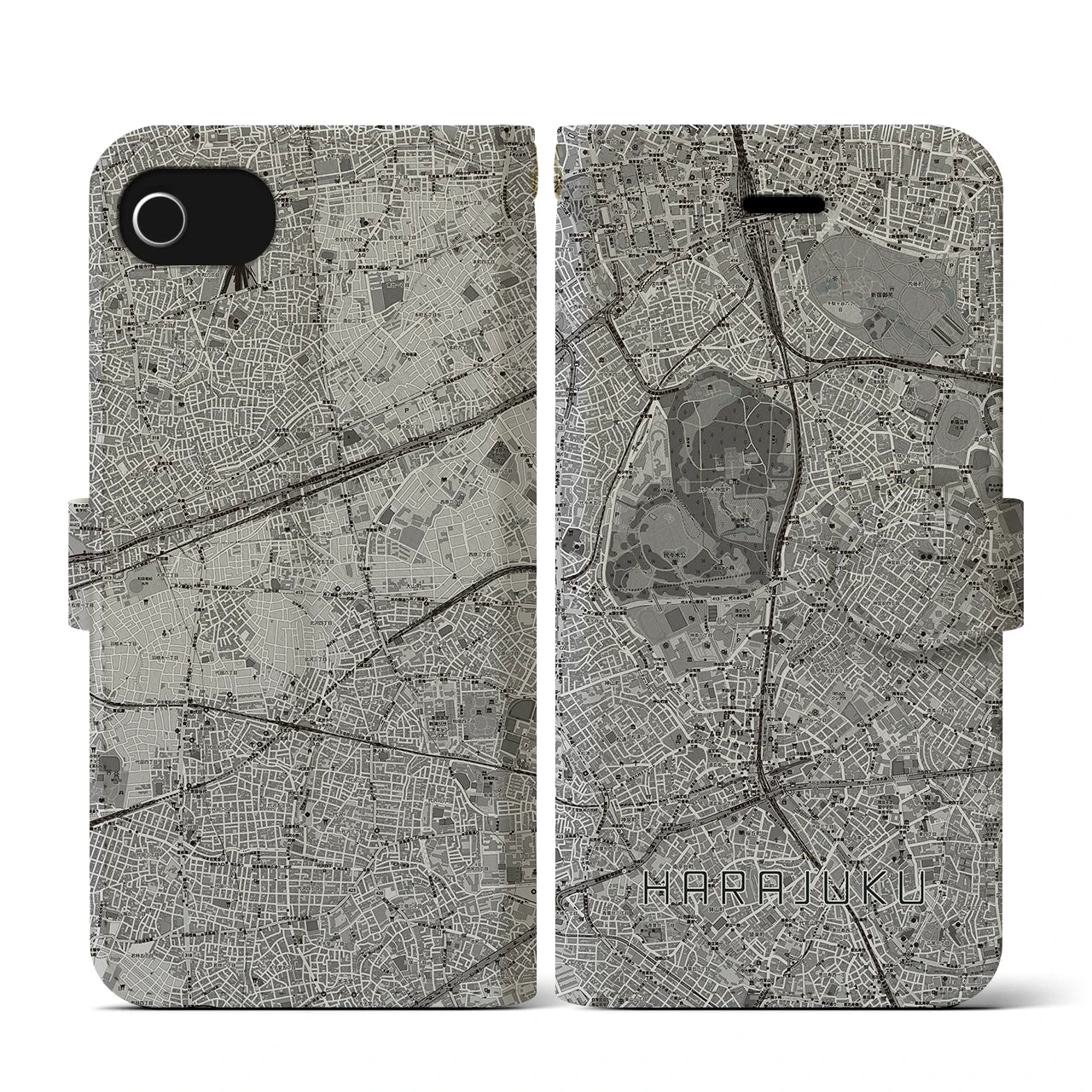 【原宿(東京都)】地図柄iPhoneケース(手帳タイプ)モノトーン・iPhone SE(第3 / 第2世代) / 8 / 7 / 6s / 6 用