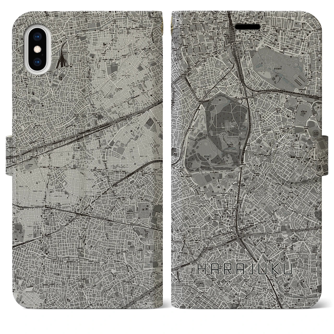 【原宿(東京都)】地図柄iPhoneケース(手帳タイプ)モノトーン・iPhone XS Max 用
