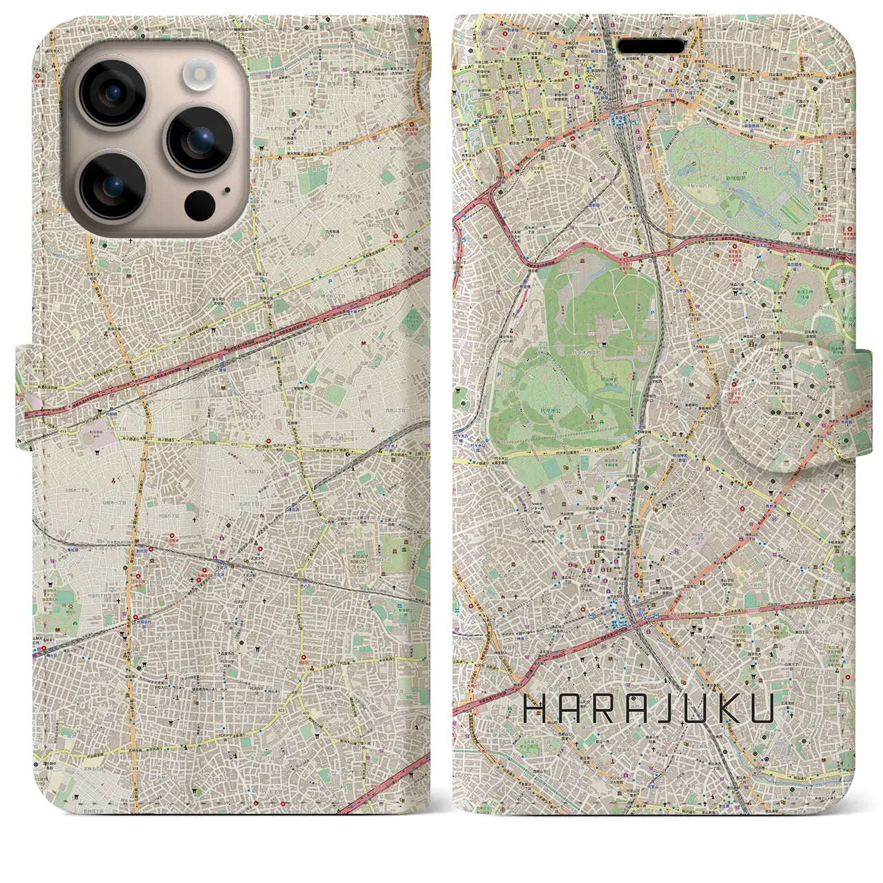 【原宿(東京都)】地図柄iPhoneケース(手帳タイプ)ナチュラル・iPhone 16 Plus 用
