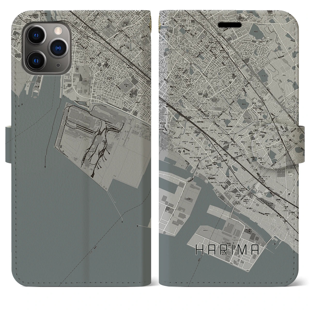 【播磨(兵庫県)】地図柄iPhoneケース(手帳タイプ)モノトーン・iPhone 11 Pro Max 用
