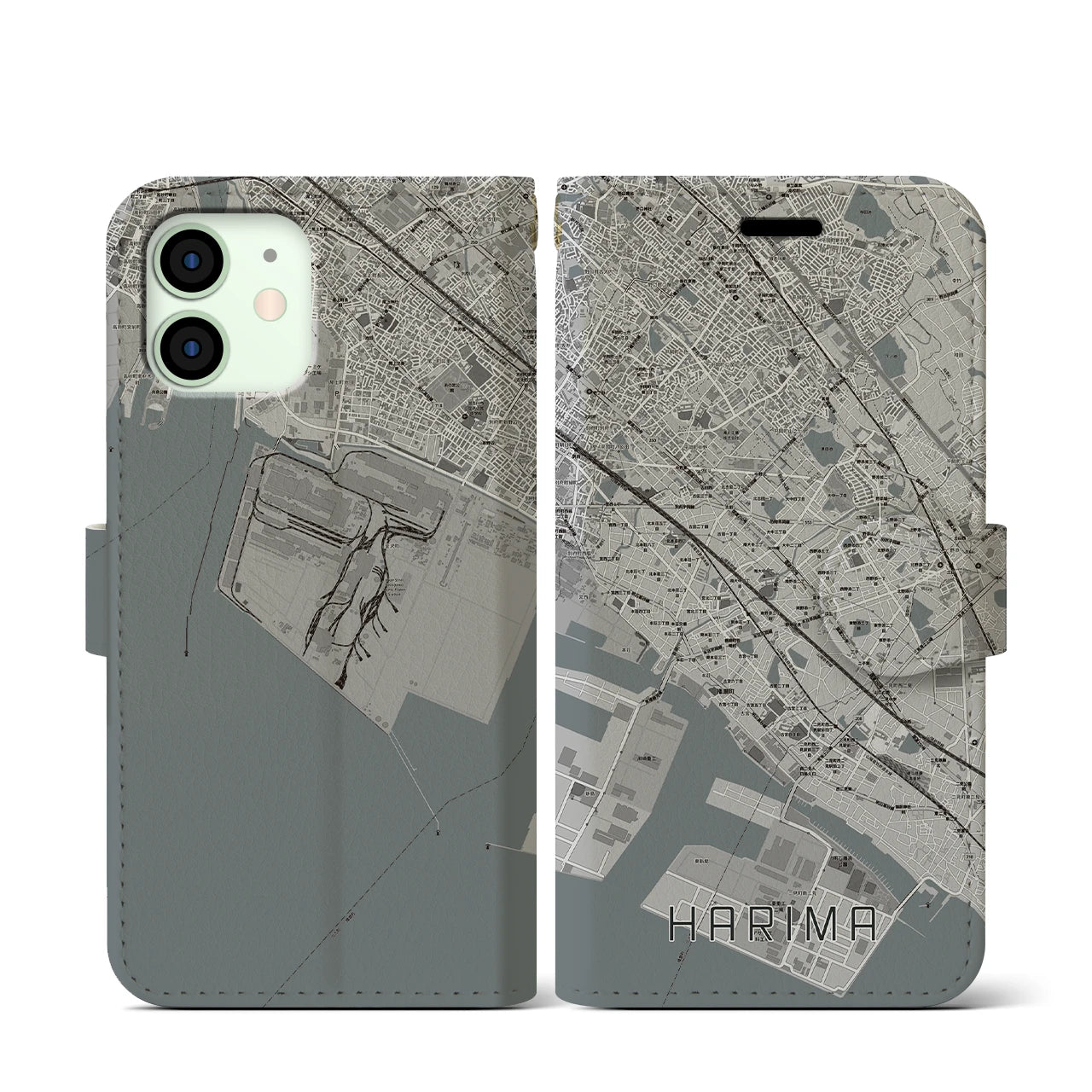 【播磨(兵庫県)】地図柄iPhoneケース(手帳タイプ)モノトーン・iPhone 12 mini 用