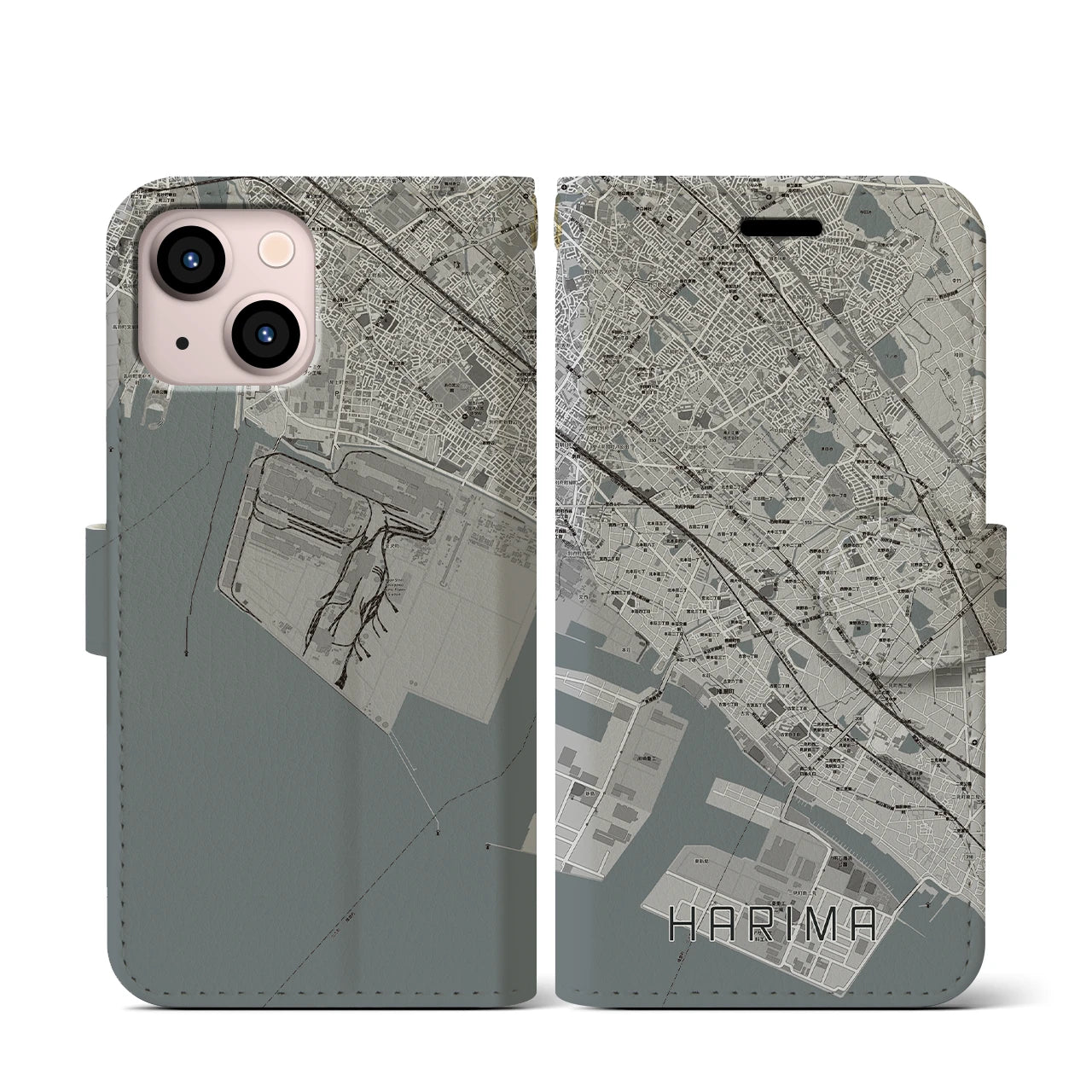 【播磨(兵庫県)】地図柄iPhoneケース(手帳タイプ)モノトーン・iPhone 13 mini 用