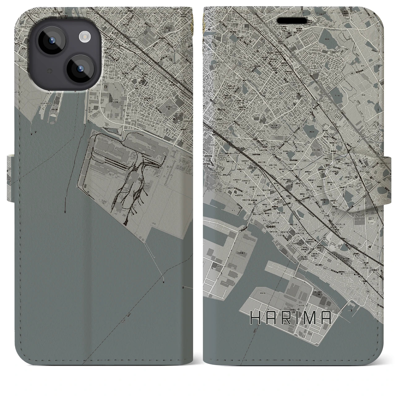 【播磨(兵庫県)】地図柄iPhoneケース(手帳タイプ)モノトーン・iPhone 14 Plus 用