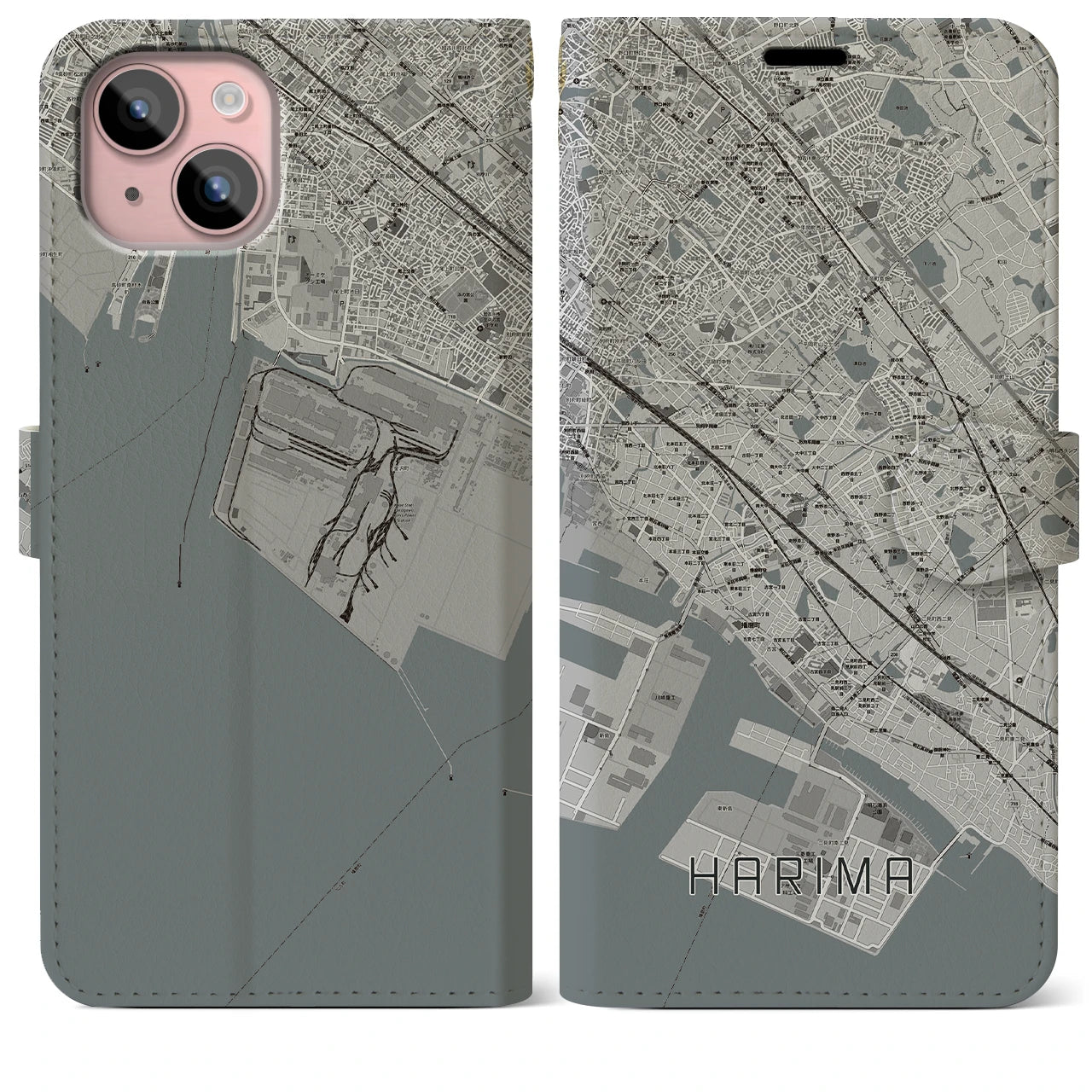 【播磨(兵庫県)】地図柄iPhoneケース(手帳タイプ)モノトーン・iPhone 15 Plus 用