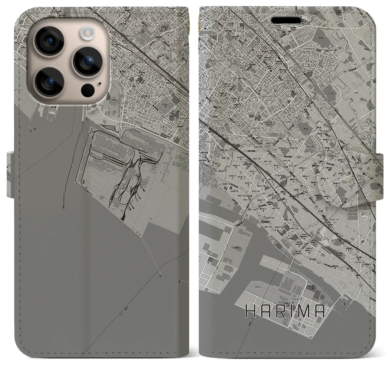 【播磨(兵庫県)】地図柄iPhoneケース(手帳タイプ)モノトーン・iPhone 16 Plus 用