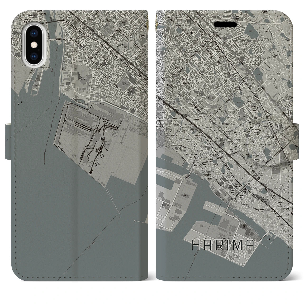 【播磨(兵庫県)】地図柄iPhoneケース(手帳タイプ)モノトーン・iPhone XS Max 用