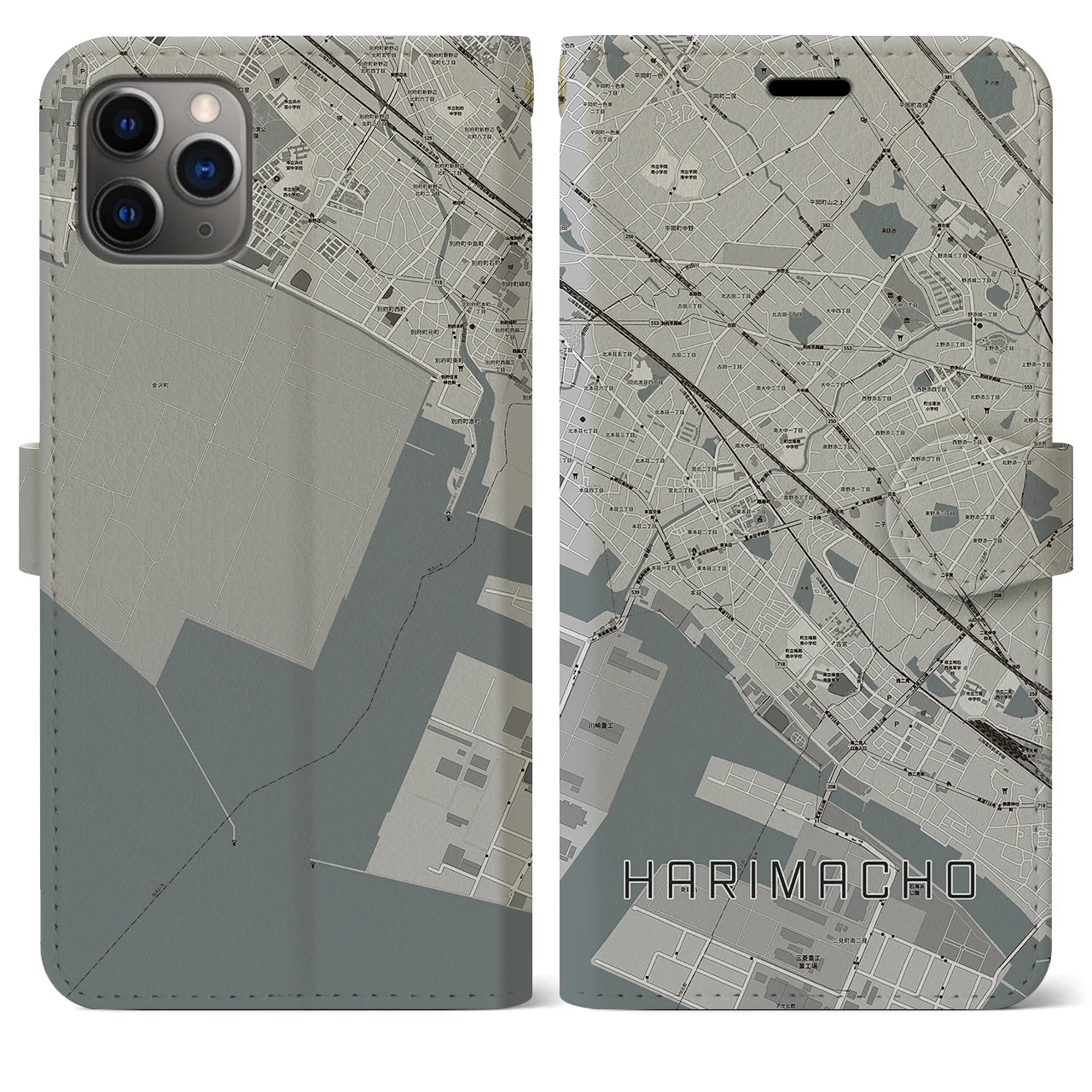 【播磨町(兵庫県)】地図柄iPhoneケース(手帳タイプ)モノトーン・iPhone 11 Pro Max 用