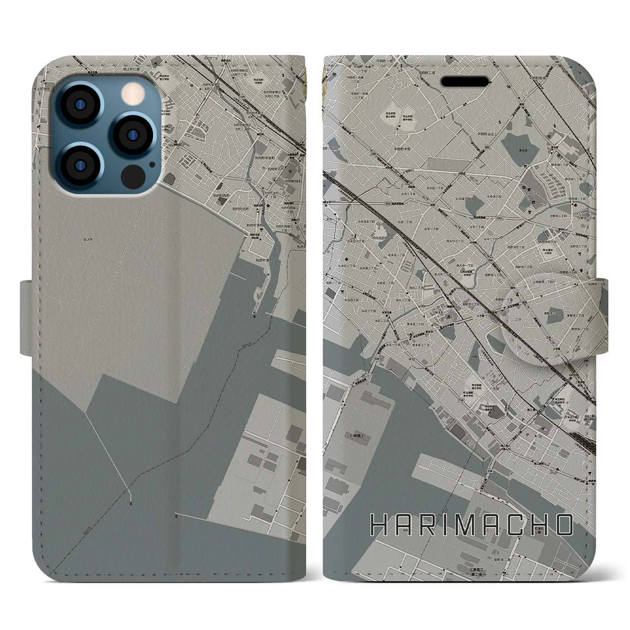 【播磨町(兵庫県)】地図柄iPhoneケース(手帳タイプ)モノトーン・iPhone 12 / 12 Pro 用