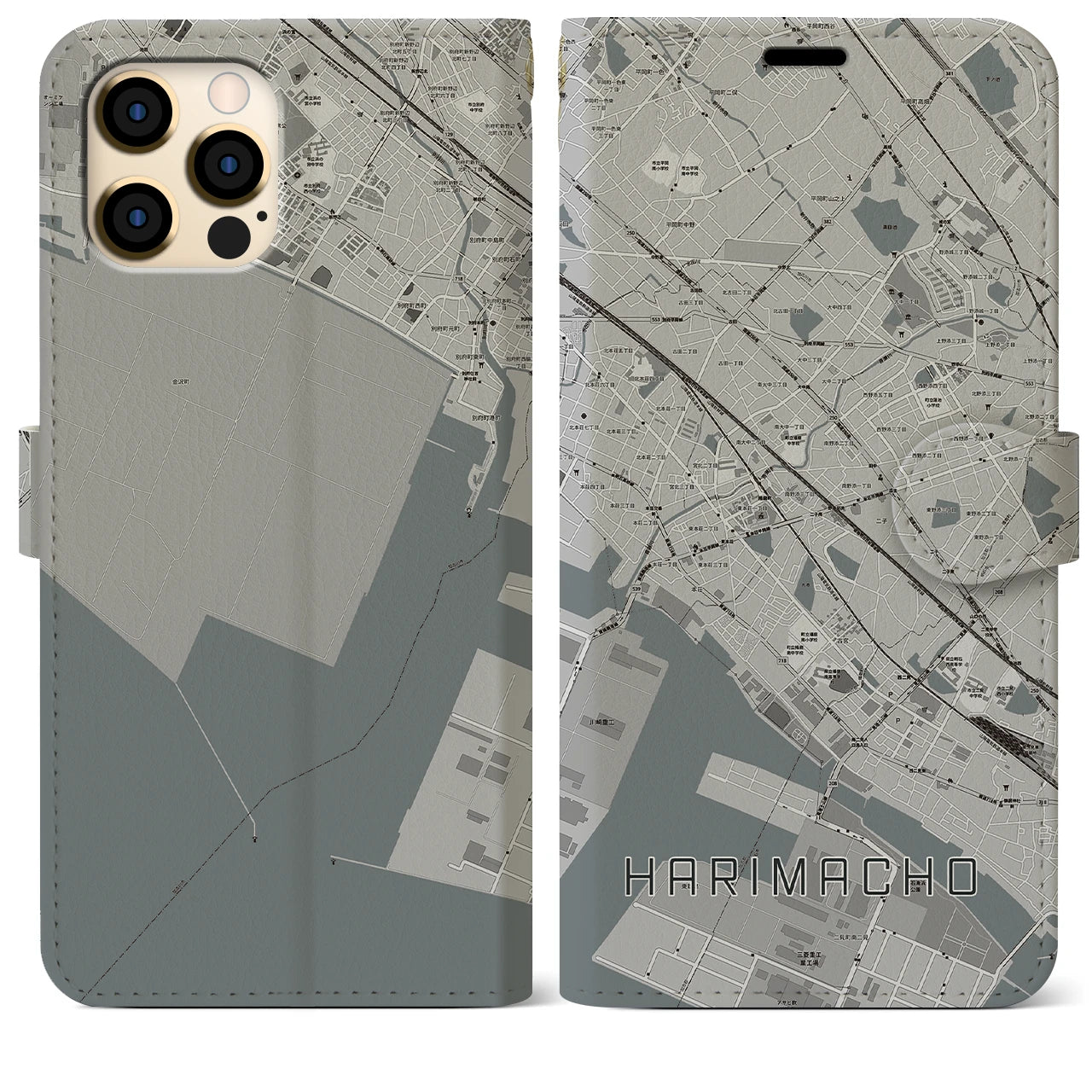 【播磨町(兵庫県)】地図柄iPhoneケース(手帳タイプ)モノトーン・iPhone 12 Pro Max 用