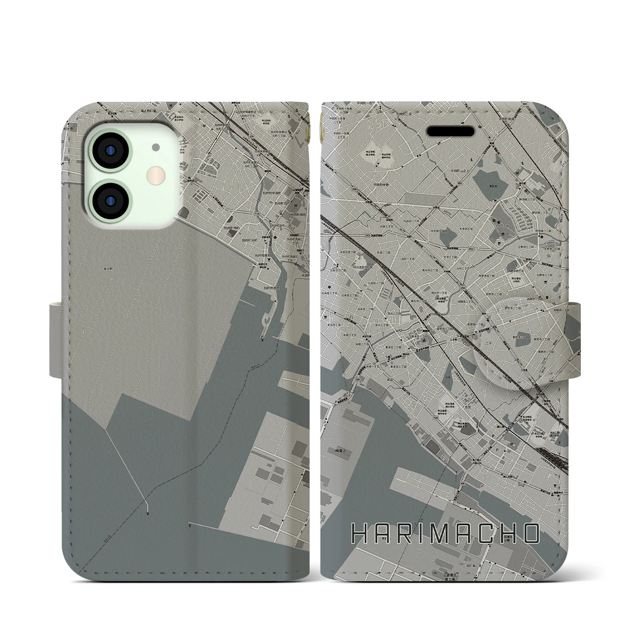 【播磨町(兵庫県)】地図柄iPhoneケース(手帳タイプ)モノトーン・iPhone 12 mini 用