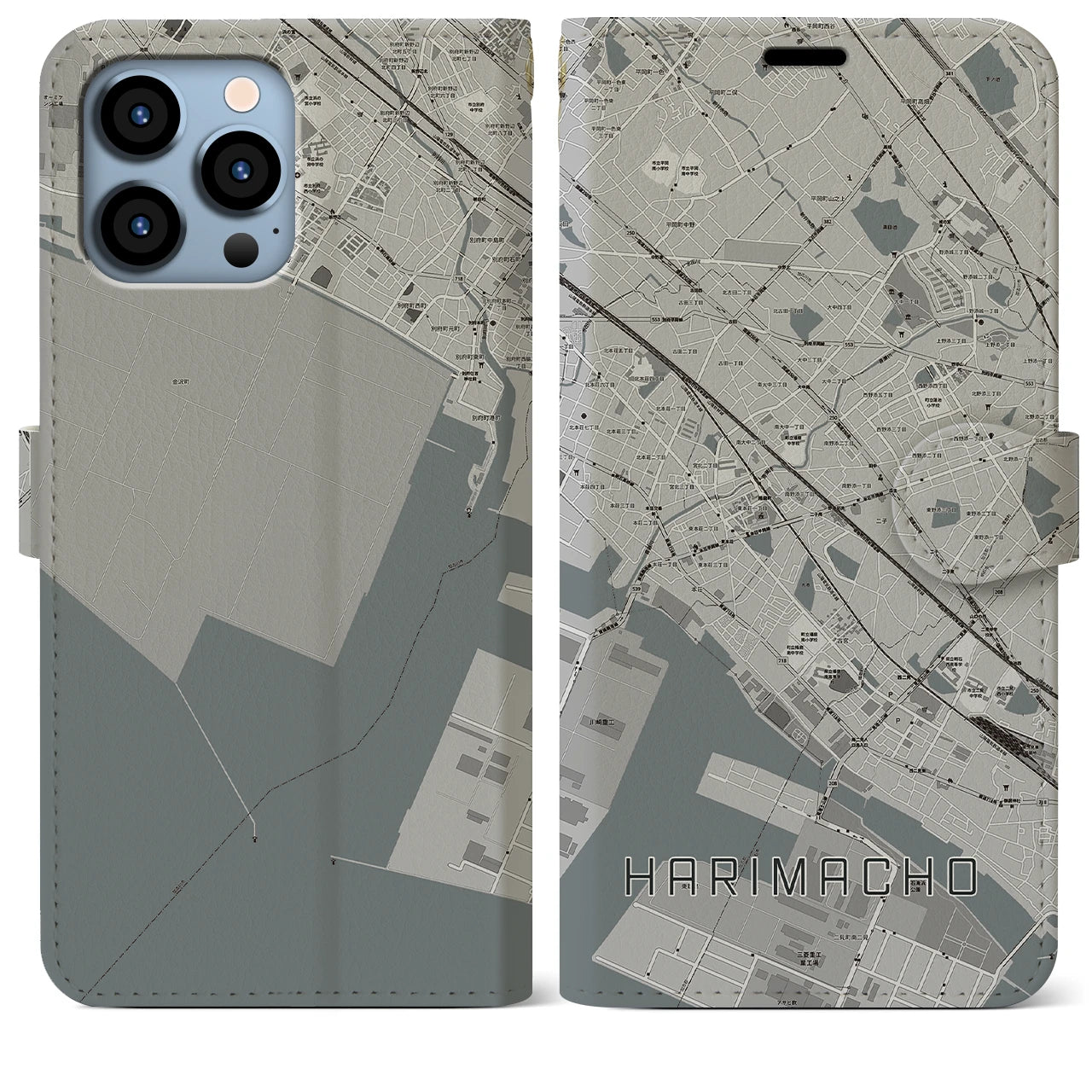 【播磨町(兵庫県)】地図柄iPhoneケース(手帳タイプ)モノトーン・iPhone 13 Pro Max 用