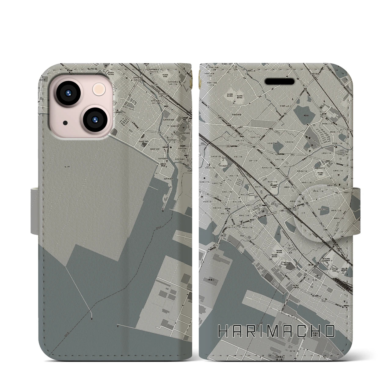 【播磨町(兵庫県)】地図柄iPhoneケース(手帳タイプ)モノトーン・iPhone 13 mini 用