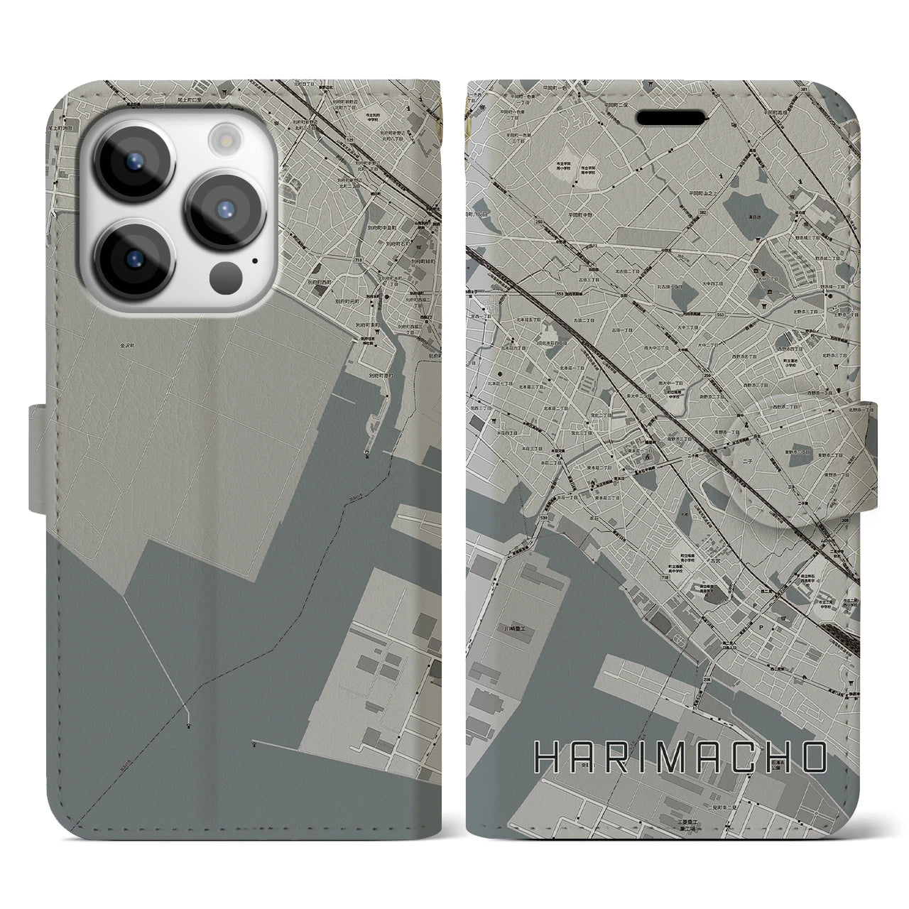 【播磨町(兵庫県)】地図柄iPhoneケース(手帳タイプ)モノトーン・iPhone 14 Pro 用