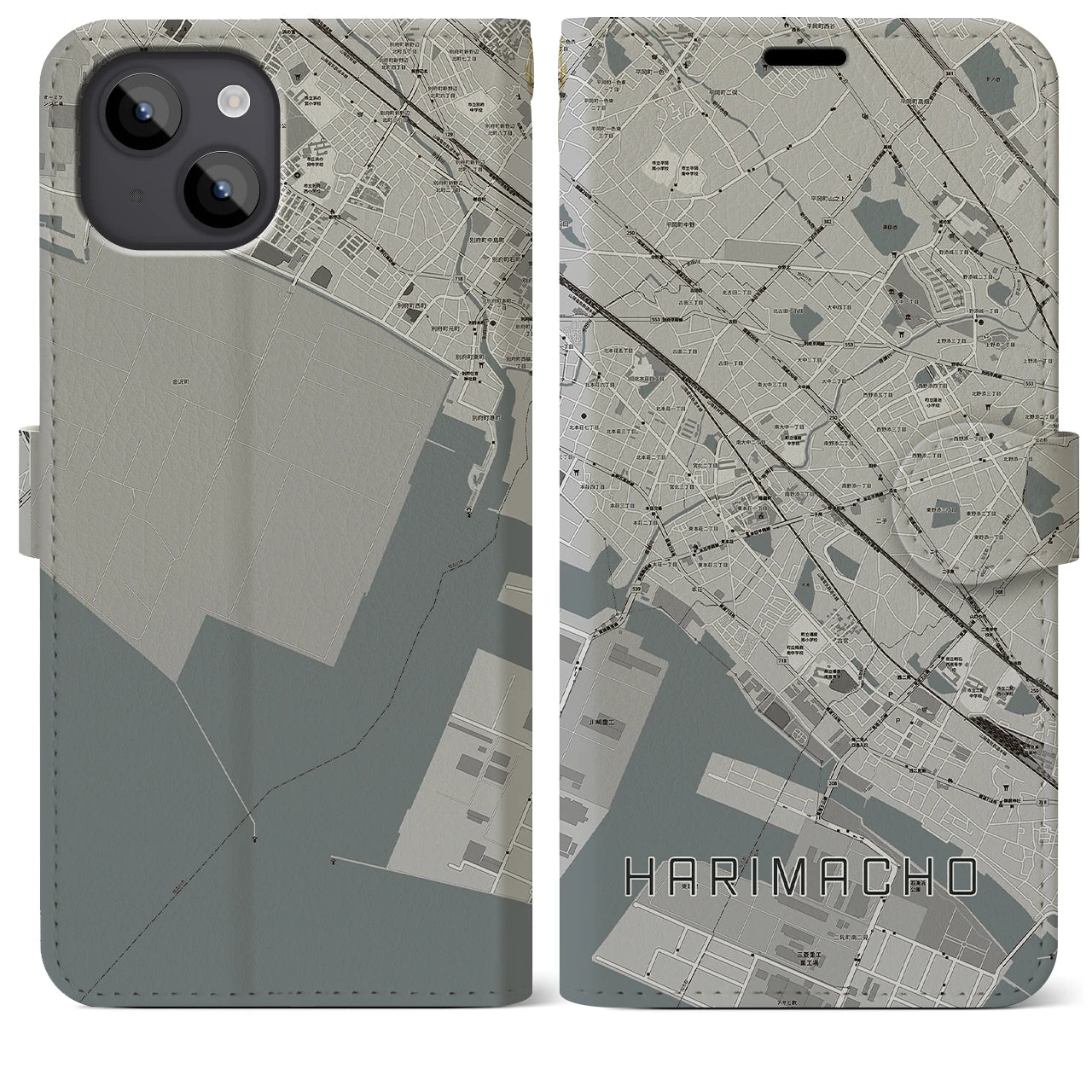 【播磨町(兵庫県)】地図柄iPhoneケース(手帳タイプ)モノトーン・iPhone 14 Plus 用