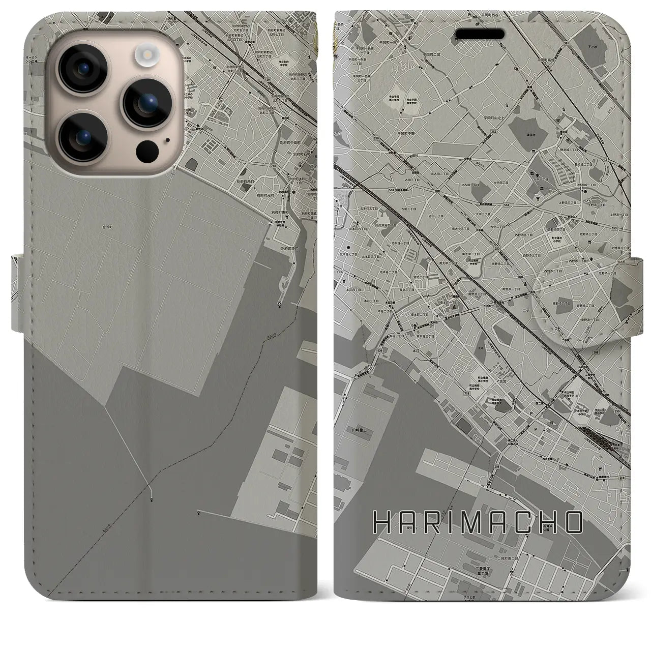 【播磨町(兵庫県)】地図柄iPhoneケース(手帳タイプ)モノトーン・iPhone 16 Plus 用