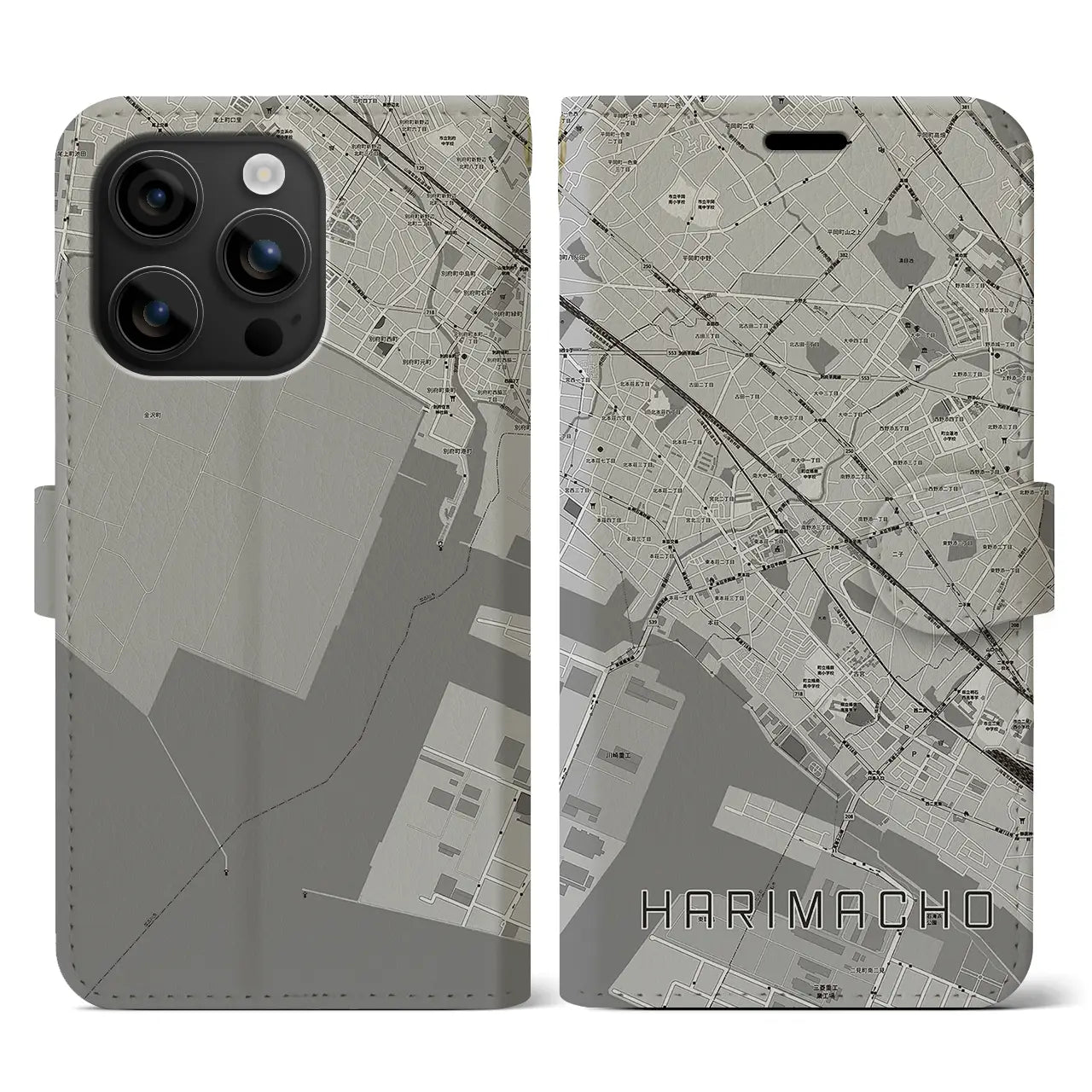 【播磨町(兵庫県)】地図柄iPhoneケース(手帳タイプ)モノトーン・iPhone 16 用