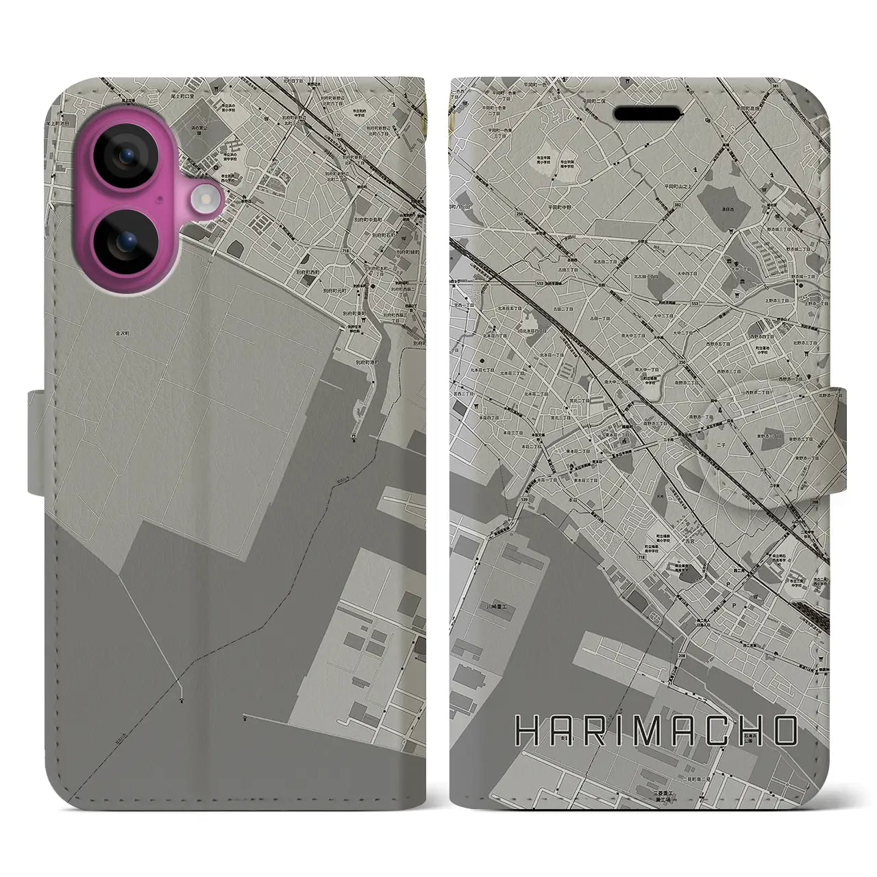 【播磨町(兵庫県)】地図柄iPhoneケース(手帳タイプ)モノトーン・iPhone 16 Pro 用