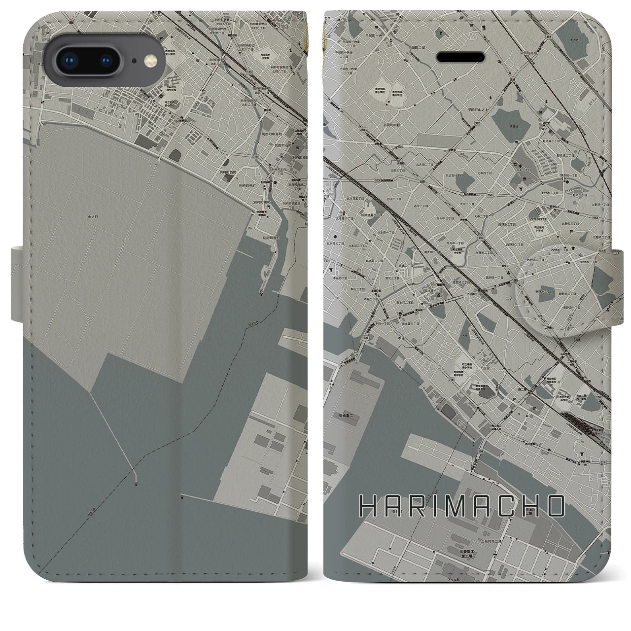 【播磨町(兵庫県)】地図柄iPhoneケース(手帳タイプ)モノトーン・iPhone 8Plus /7Plus / 6sPlus / 6Plus 用