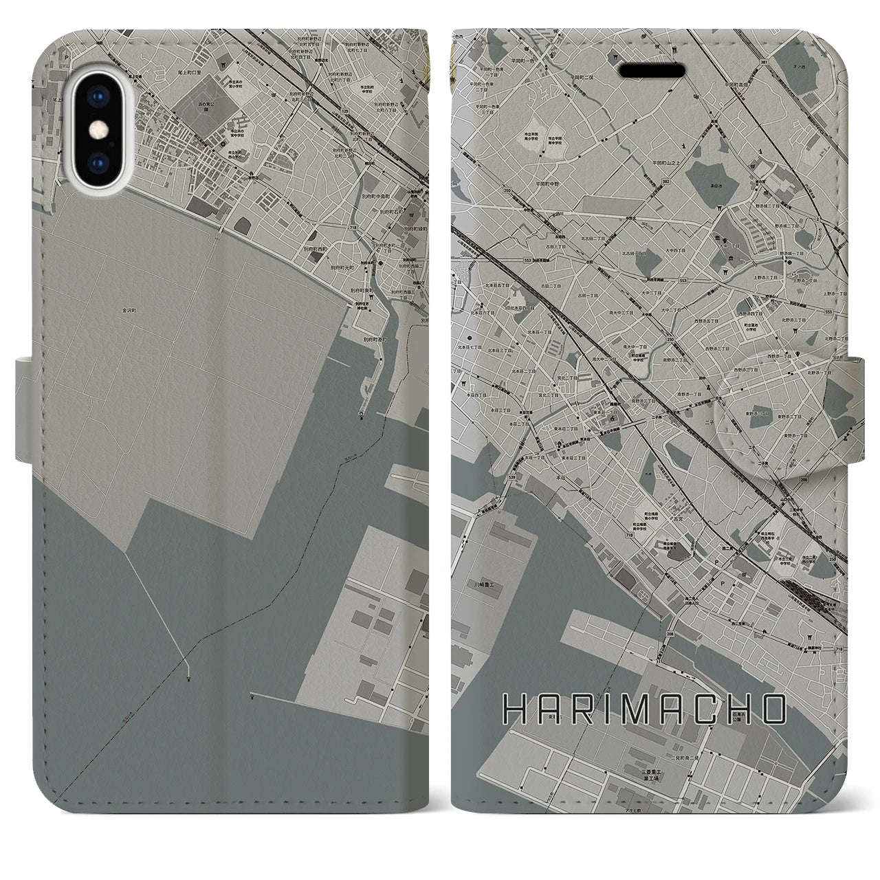 【播磨町(兵庫県)】地図柄iPhoneケース(手帳タイプ)モノトーン・iPhone XS Max 用