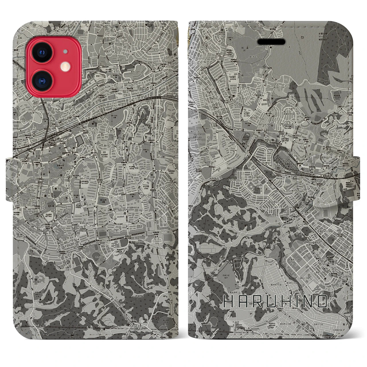 【はるひ野(神奈川県)】地図柄iPhoneケース(手帳タイプ)モノトーン・iPhone 11 用