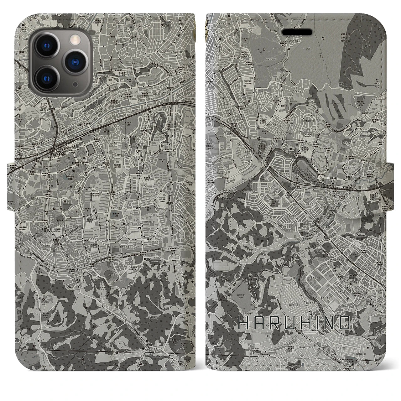 【はるひ野(神奈川県)】地図柄iPhoneケース(手帳タイプ)モノトーン・iPhone 11 Pro Max 用