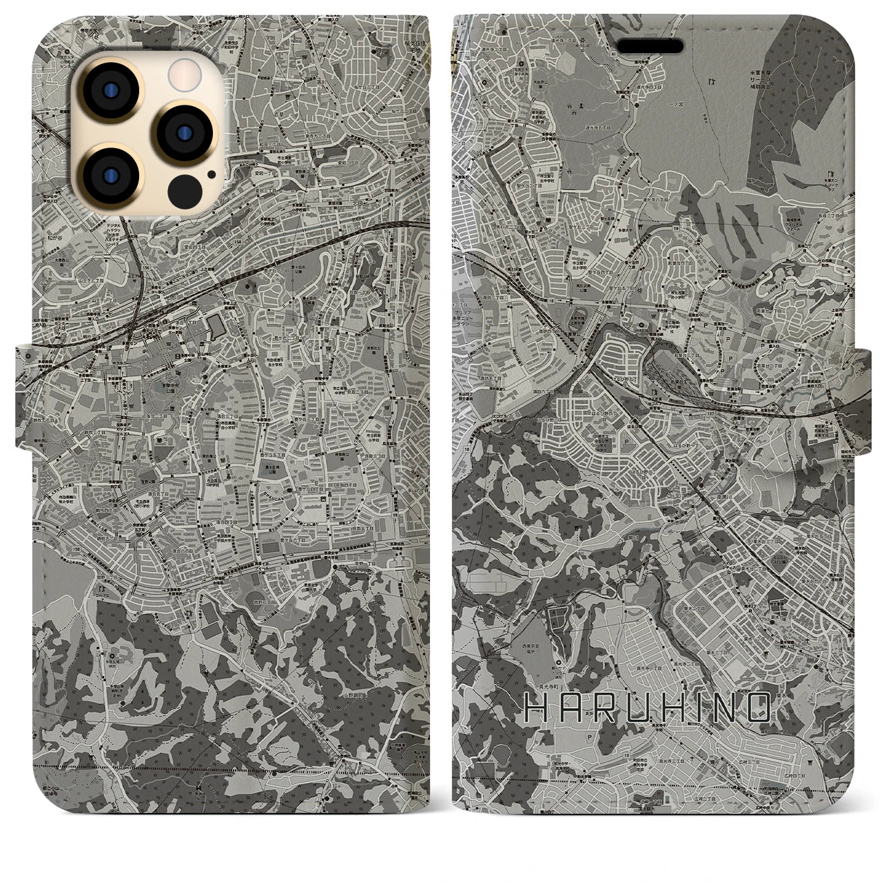 【はるひ野(神奈川県)】地図柄iPhoneケース(手帳タイプ)モノトーン・iPhone 12 Pro Max 用