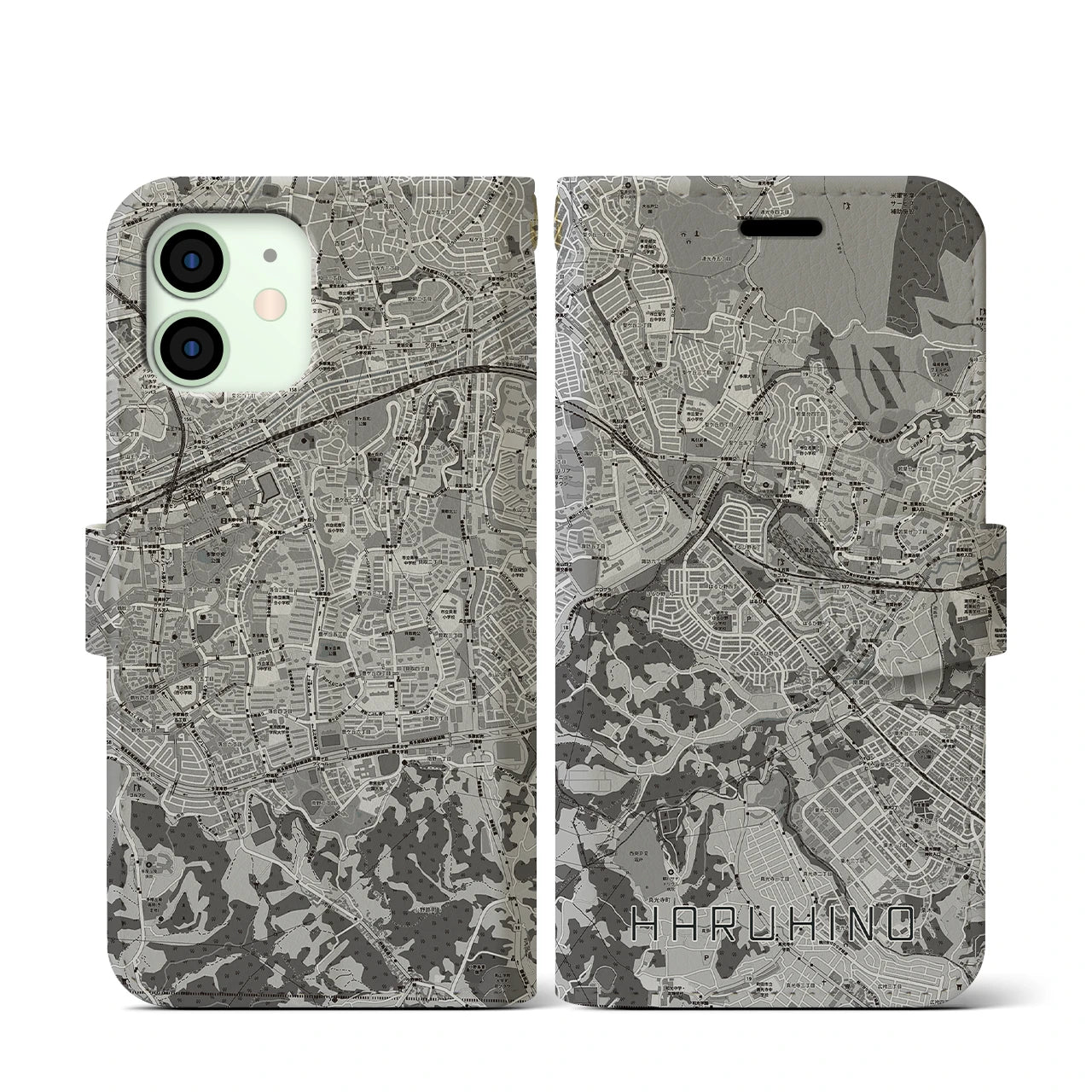【はるひ野(神奈川県)】地図柄iPhoneケース(手帳タイプ)モノトーン・iPhone 12 mini 用