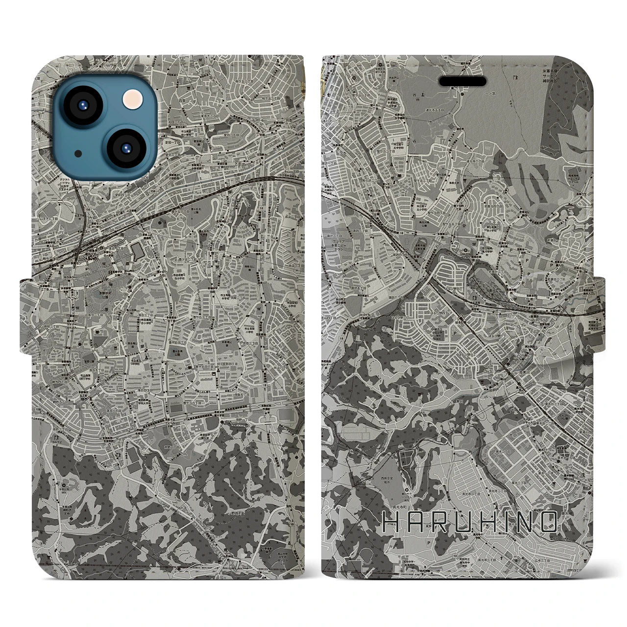 【はるひ野(神奈川県)】地図柄iPhoneケース(手帳タイプ)モノトーン・iPhone 13 用
