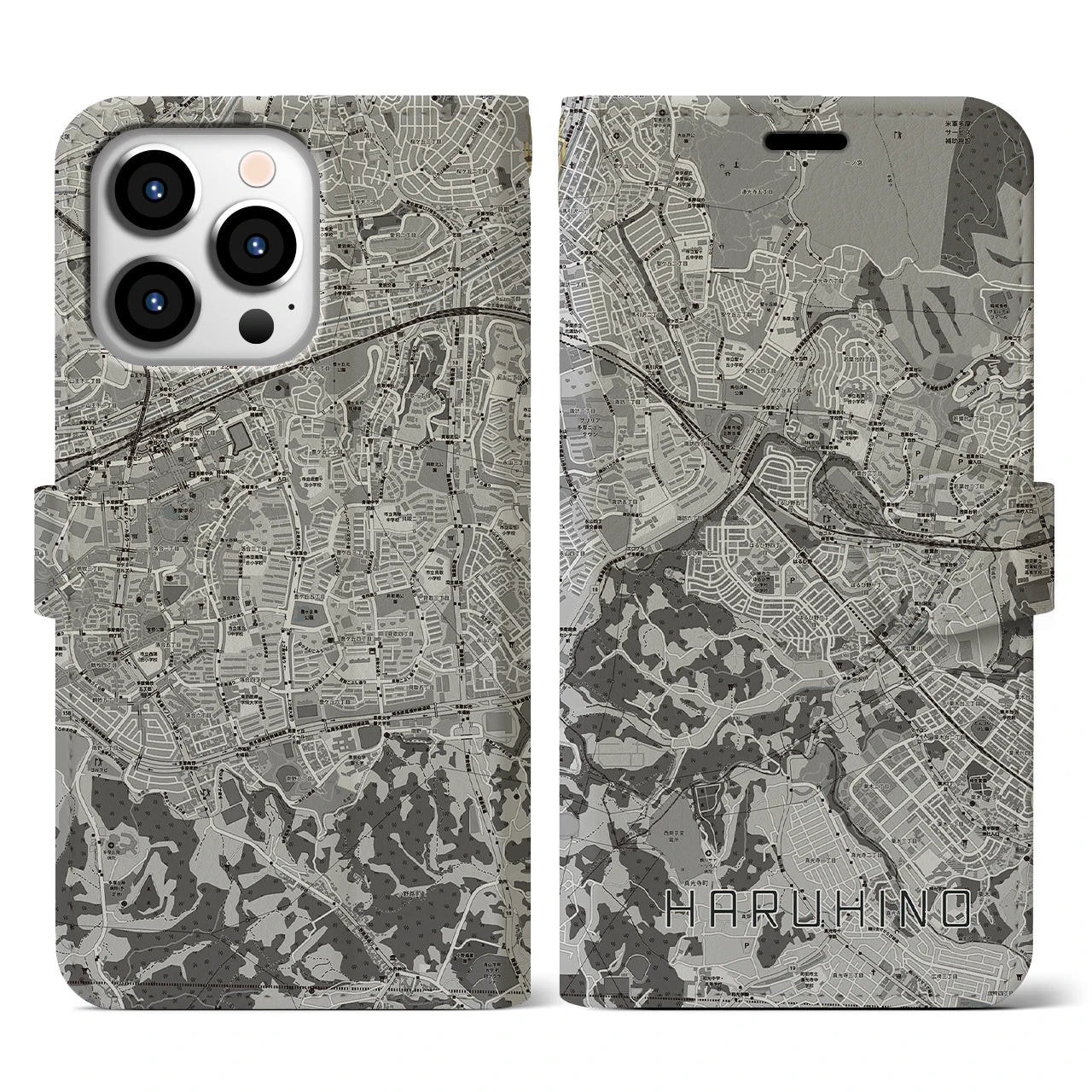 【はるひ野(神奈川県)】地図柄iPhoneケース(手帳タイプ)モノトーン・iPhone 13 Pro 用