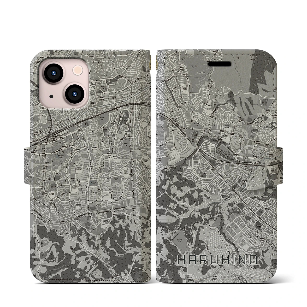 【はるひ野(神奈川県)】地図柄iPhoneケース(手帳タイプ)モノトーン・iPhone 13 mini 用