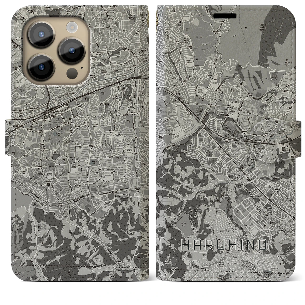 【はるひ野(神奈川県)】地図柄iPhoneケース(手帳タイプ)モノトーン・iPhone 14 Pro Max 用