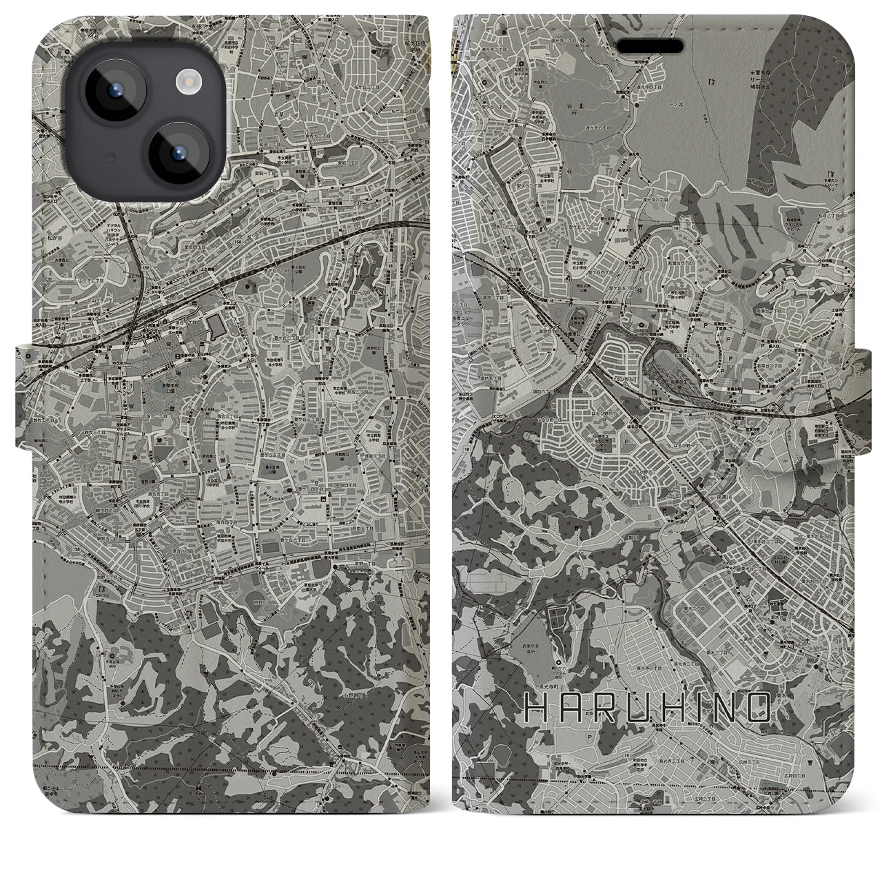 【はるひ野(神奈川県)】地図柄iPhoneケース(手帳タイプ)モノトーン・iPhone 14 Plus 用
