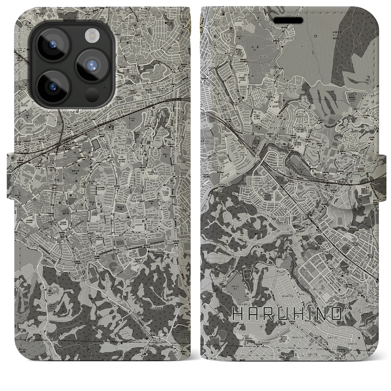 【はるひ野(神奈川県)】地図柄iPhoneケース(手帳タイプ)モノトーン・iPhone 15 Pro Max 用